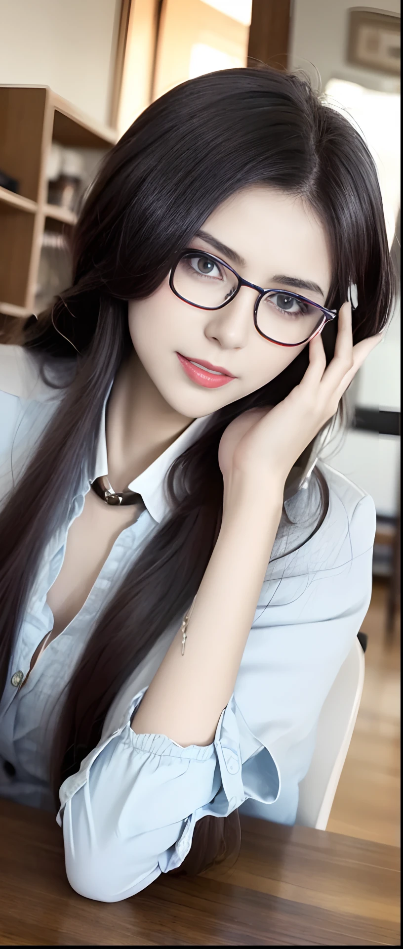 Girl with long purple hair,Eyes full of wisdom and charm,Wear large spectacle frames,Spread out on the table,captivating posture,1 to 4 fingers,Ultimate wings