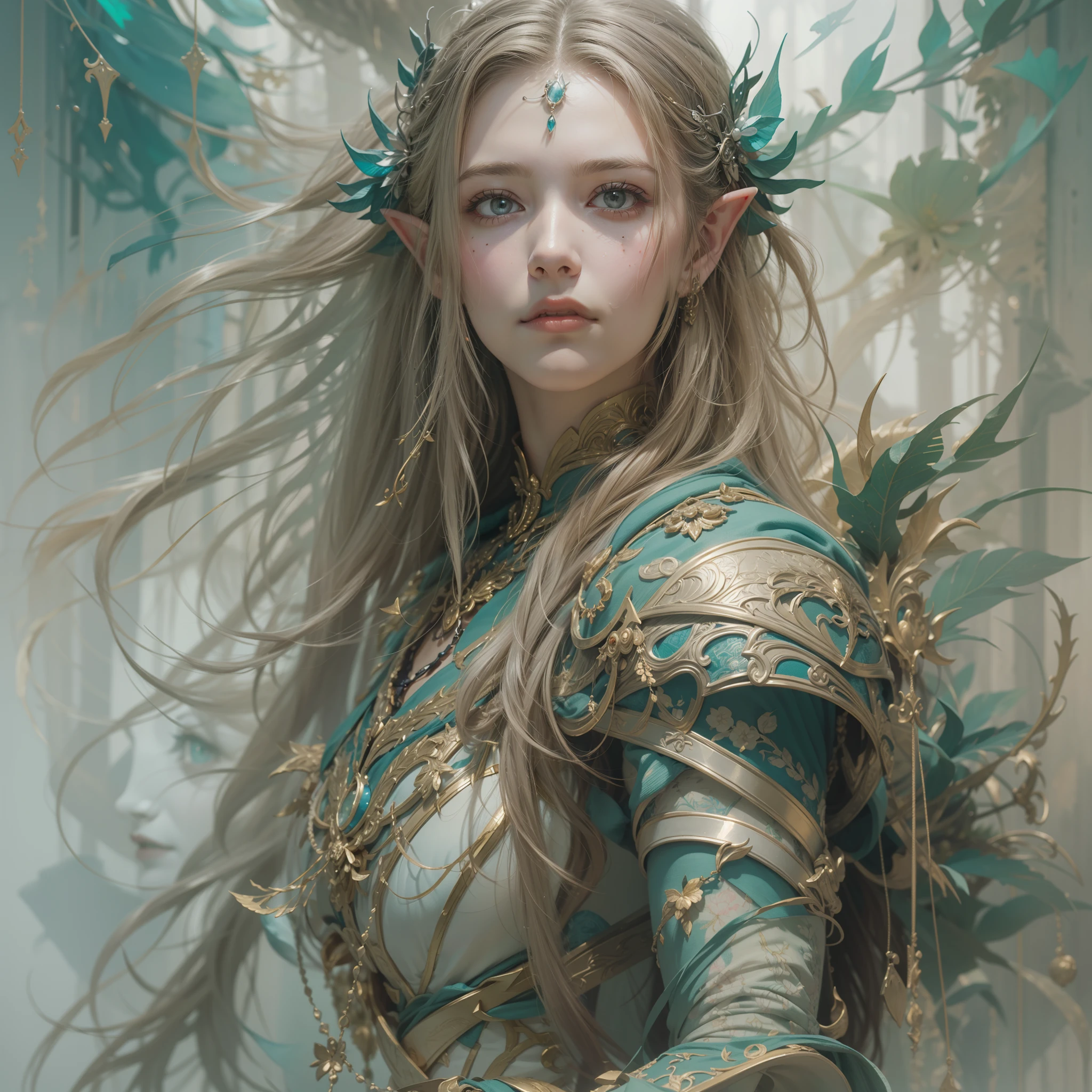 Beautiful full figure painting of perfect female elf queen, shapeless long hair, perfect features, wearing ornate elven armor, ornate sword, dynamic pose, art by Carne Griffiths and Wadim Kashin, ethereal background, abstract beauty, near perfection, pure form, minimalism, unfinished, concept art by Brian Froud and Carne Griffiths and Wadim Kashin and John William Waterhouse, intricate detail, 8k post-production, High resolution, super Detail, trending on ArtStation, sharp focus, studio photos, intricate detail, Very detailed, By Greg Rutkowski