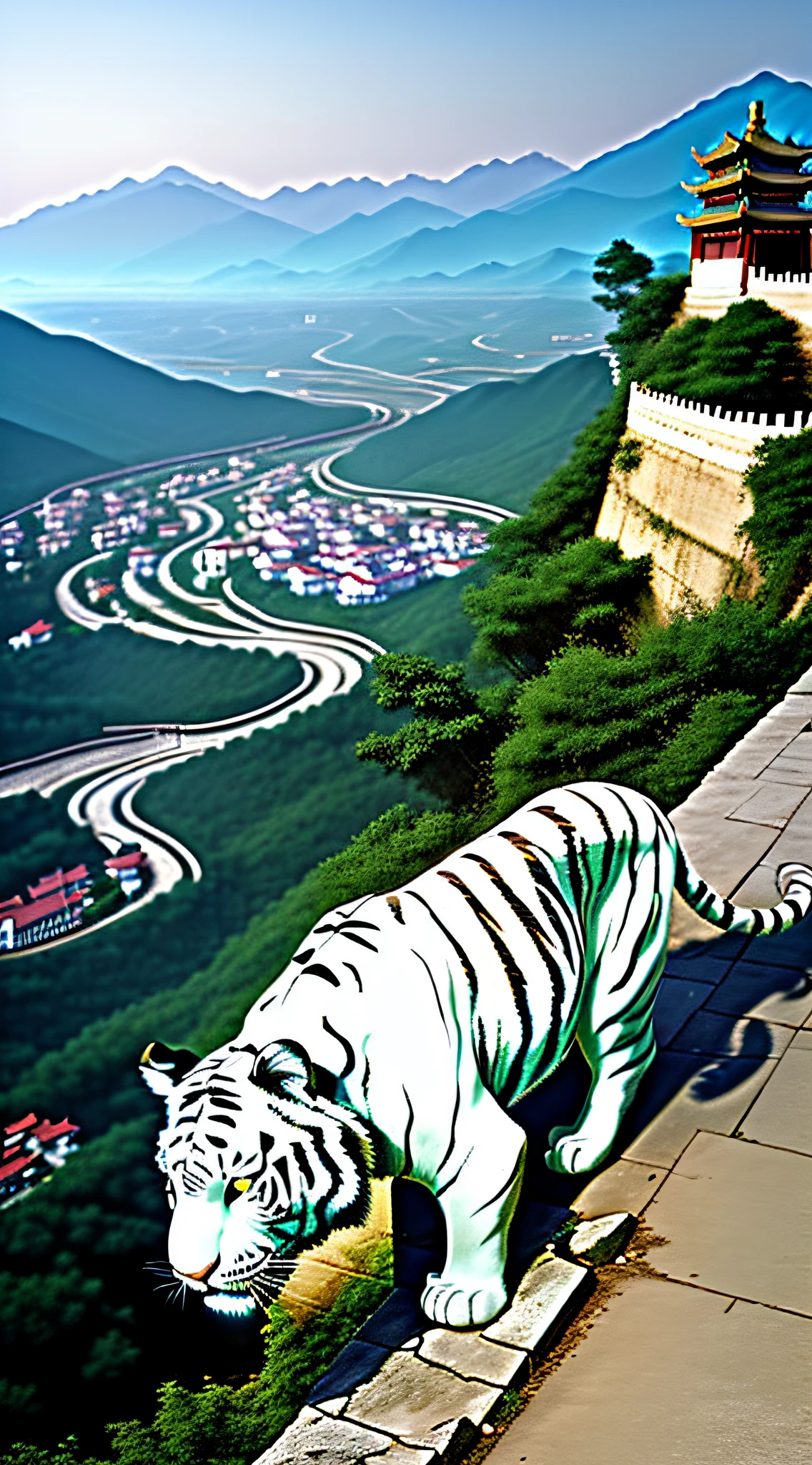 A huge white tiger overlooks an ancient Chinese town on a mountain