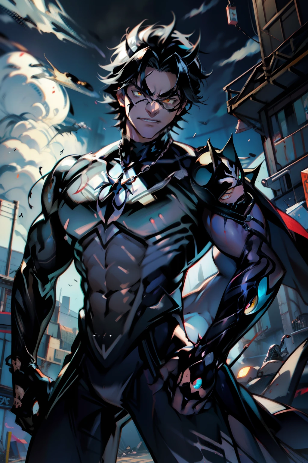 《the original god》Arataki Kazuto , male people, chest muscle, Sexy , Venom symbiote for your body, Black mucus of the body , into venom, venomize,Black bodysuit,(Cloak),Red cape,Abs,(Adult male)((Venom possession,venom symbiote)),over-Tortoise Man,Battle damage,((Masterpiece)), ((Best quality)), Ultra detailed,((illustration)), Dynamic Angle, Detailed light, (Delicate eyes), Floating, 1boy, Male focus, Head, Clothing, Yellow eyes, necklace, tattoo, (Forehead:0.8), (ahoge:0.8), jewelry, brunette color hair,apathy,Ray, chest muscle, Sexy , Venom symbiote for your body, Black mucus of the body , (into venom), Venom,frontage,Bust photo,White tight-fitting top,spiderman outfit,style of anime4 K, 4K anime wallpaper, Badass anime 8 K, 4 k comic wallpaper, young anime man, Anime boys, Anime wallpapers 4 k, Anime wallpaper 4K, High quality anime art style, Anime moe art style, Anime art wallpaper 8 K, Anime art wallpaper 4 K, RGB lighting,