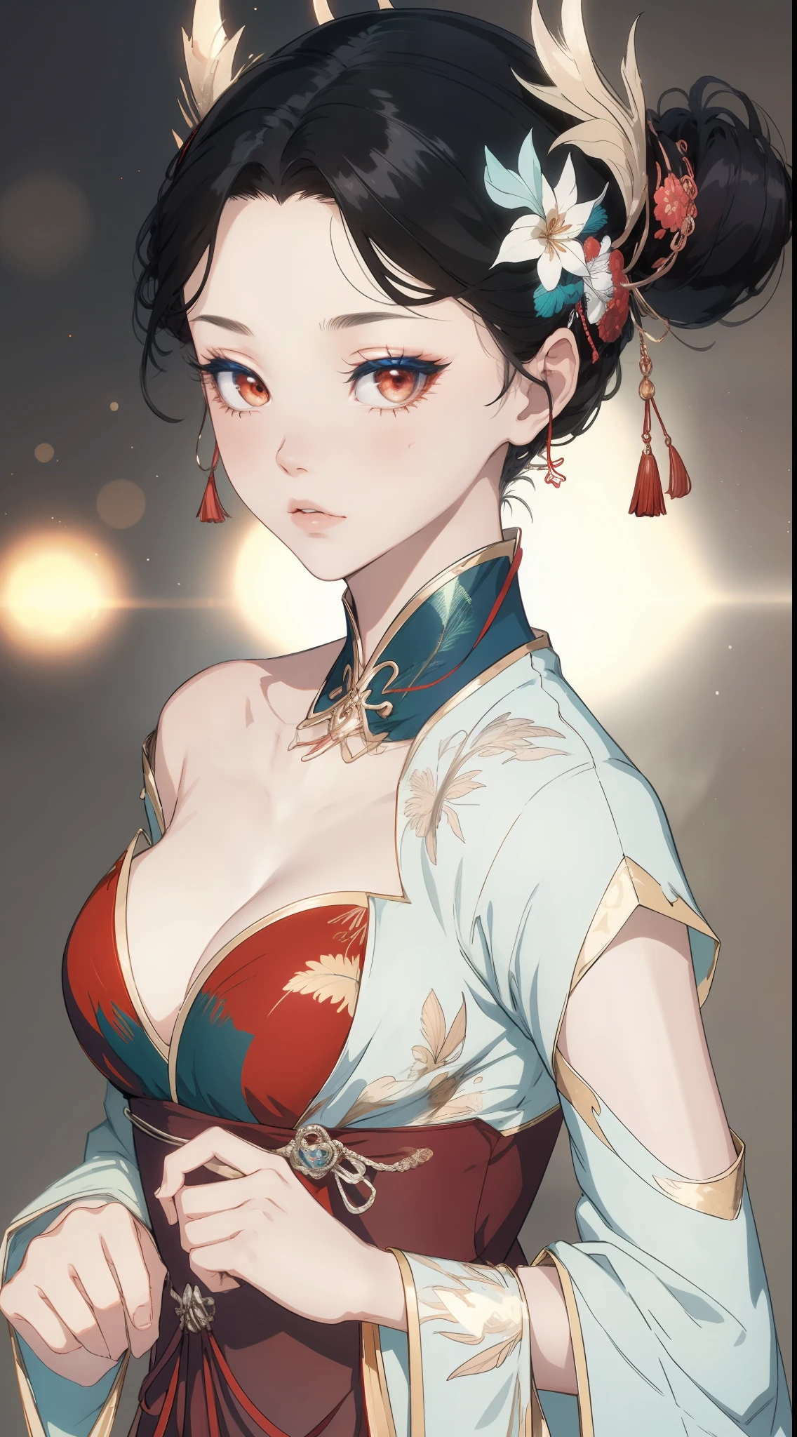 (best qualtiy,tmasterpiece:1.2),超高分辨率,realisticlying,Front lighting,Complicated details,Exquisitedetailsandtextures,(1girll),独奏,The upper part of the body,red color Hanfu,Petal pattern,Nice big eyes,Red dress,beauitful face,facing to audience,Streamers,gossamer,(年轻),Facial highlights,Detal Face,tear-mole,white skinned,Silvery hair,High ponytail,looking at viewert,largeeyes,(Openwork pattern),耳Nipple Ring,slimfigure,white backgrounid,correct hand,profesional lighting,photon maping,Radio City,physically-based renderingt