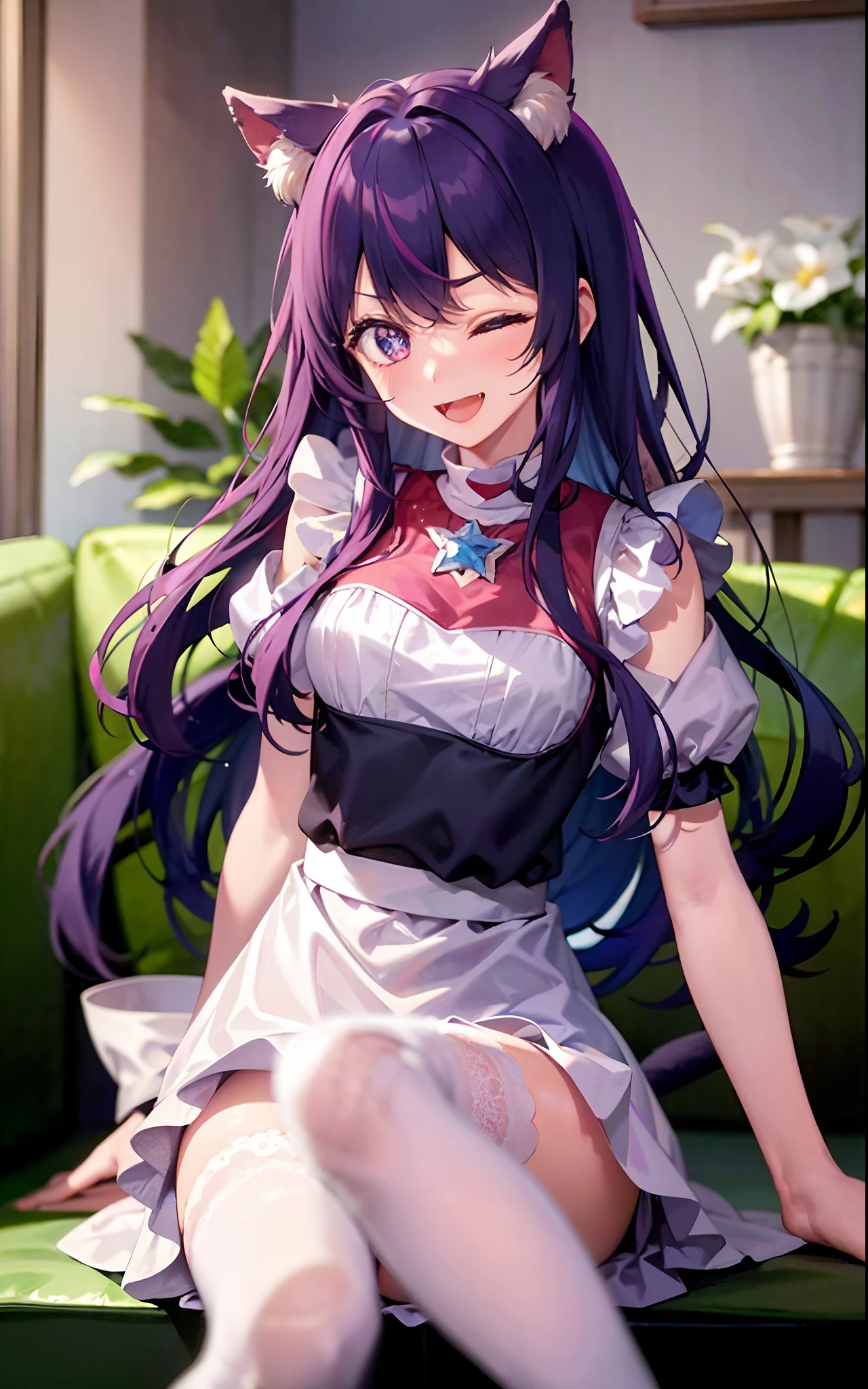 1girll，（（There is a five-pointed star in the eye））Gorgeous Hair in Long Purple，Smile，Open mouth，the maid outfit，Blushlush，Cat ears，sofe，sitting in the couch，white stockings，One eye closed