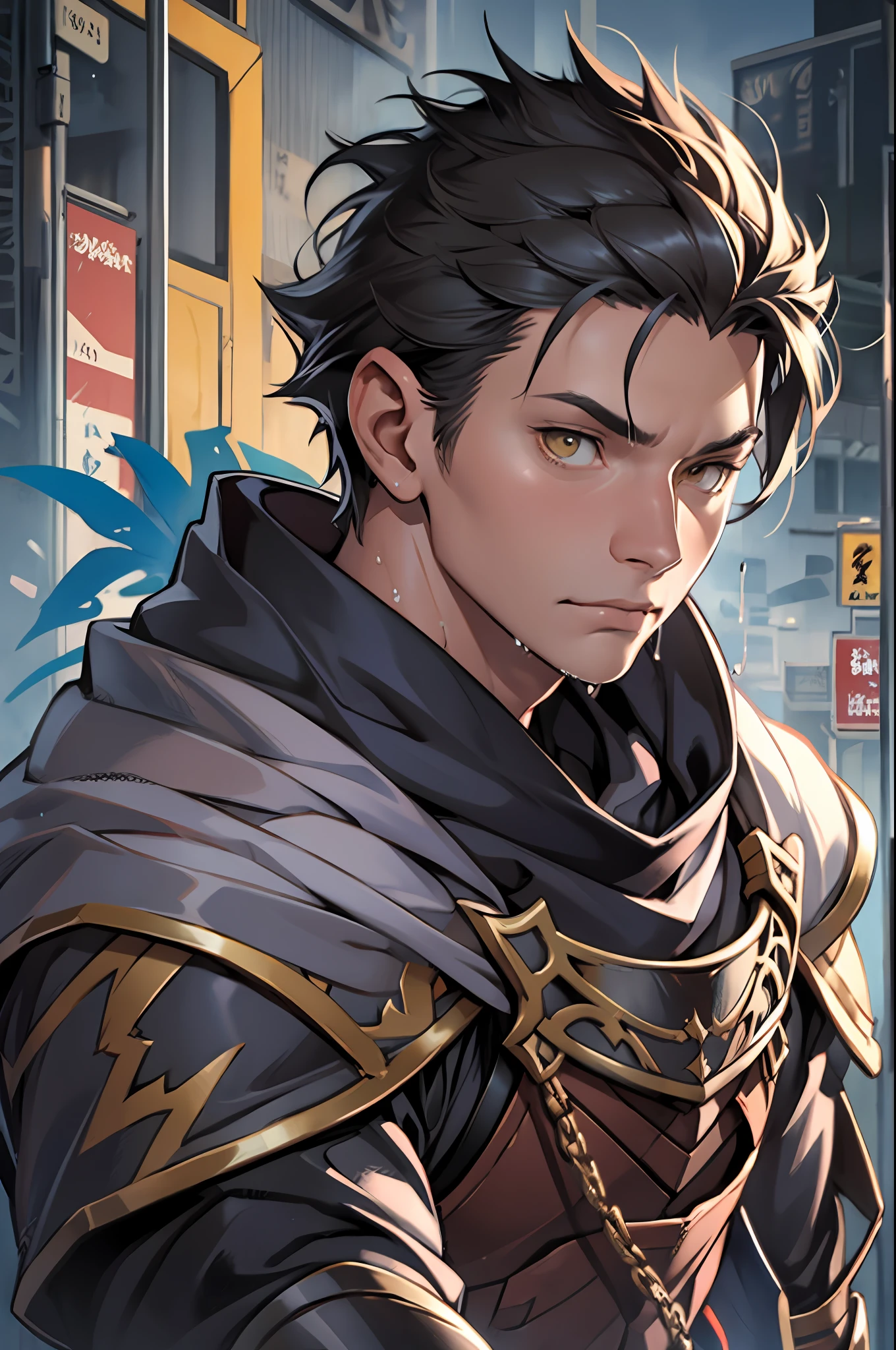 tmasterpiece，best qualityer，illustratio，Realisticstyle，photo realistic style，detail in face，offcial art，Movie lighting，1male people，full bodyesbian，Armour，obi strip，Gaiters，cloaks，Drenched，Get wet， Solo ，Handsome，virile，Handsome，[[[［musculature］，Short hair，Yellow eyes，look from down