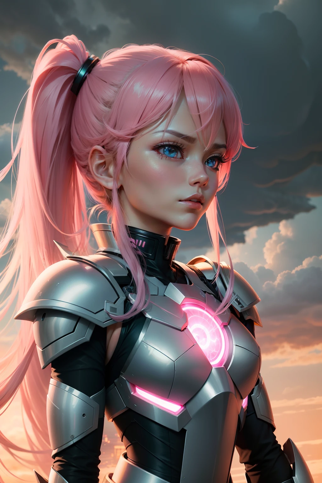 Skysky,clouds,Holding_arma,with light glowing,Pink double ponytail girl,buliding,Glowing_Eyes,Saint Seiya armor,scientific fiction,城市,Realistis,Humanoid weapon,Strong sense of technology,电影灯光,CG