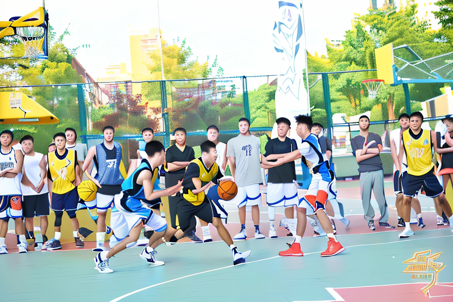 Several men playing basketball on the court,The crowd is watching, opening shot, Playing basketball, action shot, dribbble, shot with canon eoa 6 d mark ii, cover shot, air shot, 8K 50mm ISO 10, steve zheng, basketball, wenjun lin, nanquan, Inspired by Zou Yigui, drools