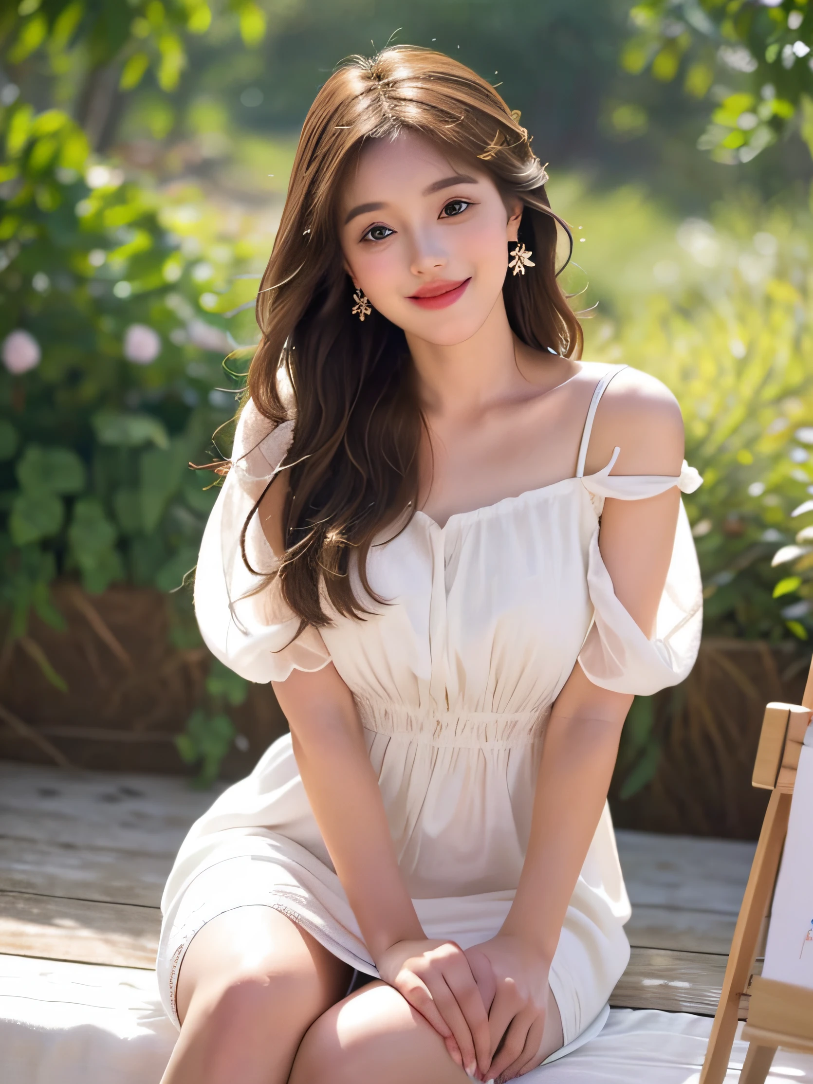 1 girl, hairpins, earrings, jewelry, brown hair, looking at the audience, lips, playful, sitting in front of the drawing board, painting, thighs, whole body, in a sea of flowers or on the beach, she is wearing a white long dress, slightly sideways face, hands caressing long hair, gentle eyes, smiling, as if admiring the beauty of nature, such a photo will definitely make people feel her beautiful and innocent atmosphere. The tone of the photo can be predominantly natural, biased towards bright and soft, making people feel warm and serene. It seems to be dancing in harmony with its surroundings. Her breath is full of vitality and vitality, as if her whole body is venting the energy of youth. The whole picture is made more vivid by her presence, making people feel endless joy and vitality.