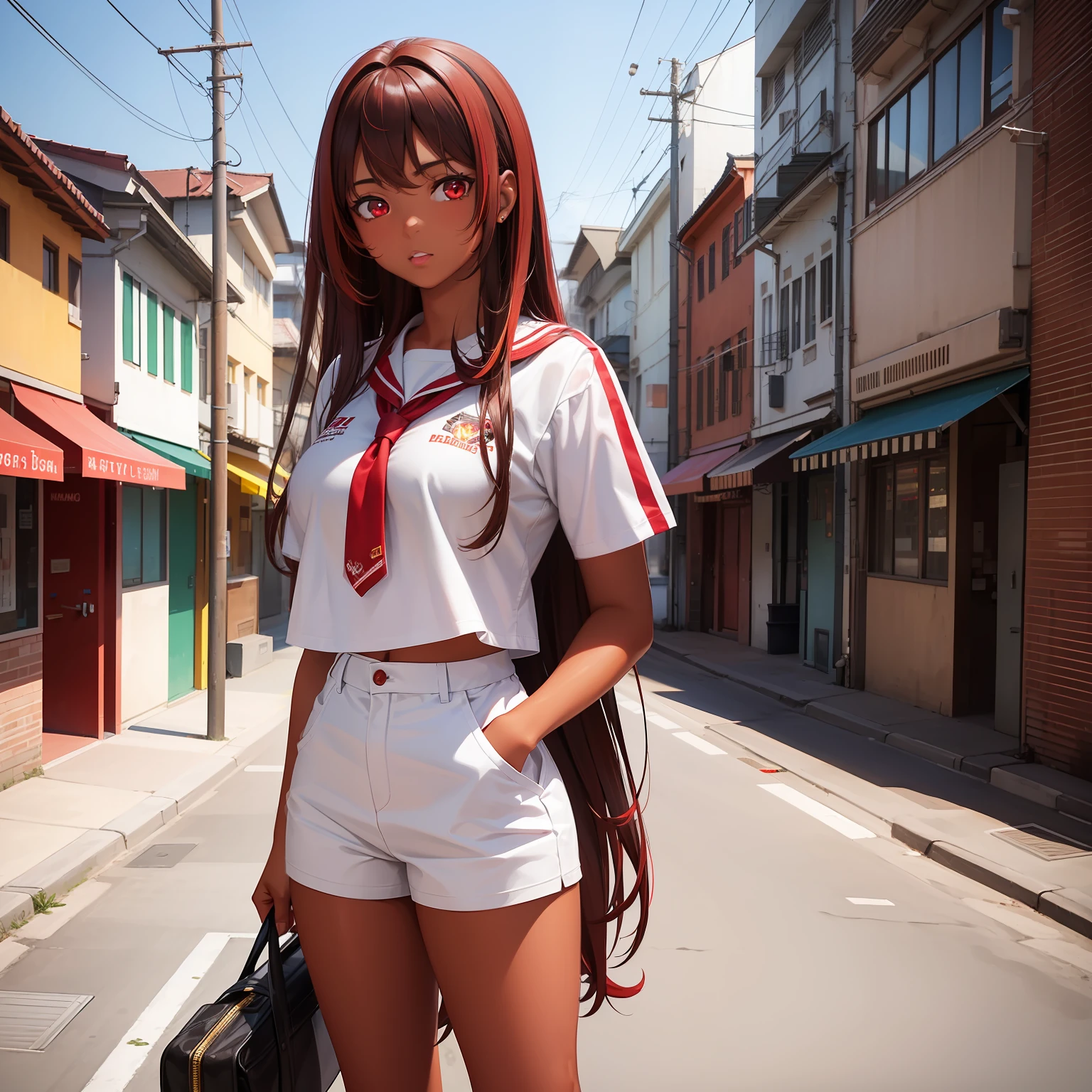 17 years old teenage girl, tanned brown skin, long dark brown hair, ((red highlights)), ((red eyes)), full quality, detailed, detailed eyes, HD, full body, urban city background, wearing white Brazilian school uniform