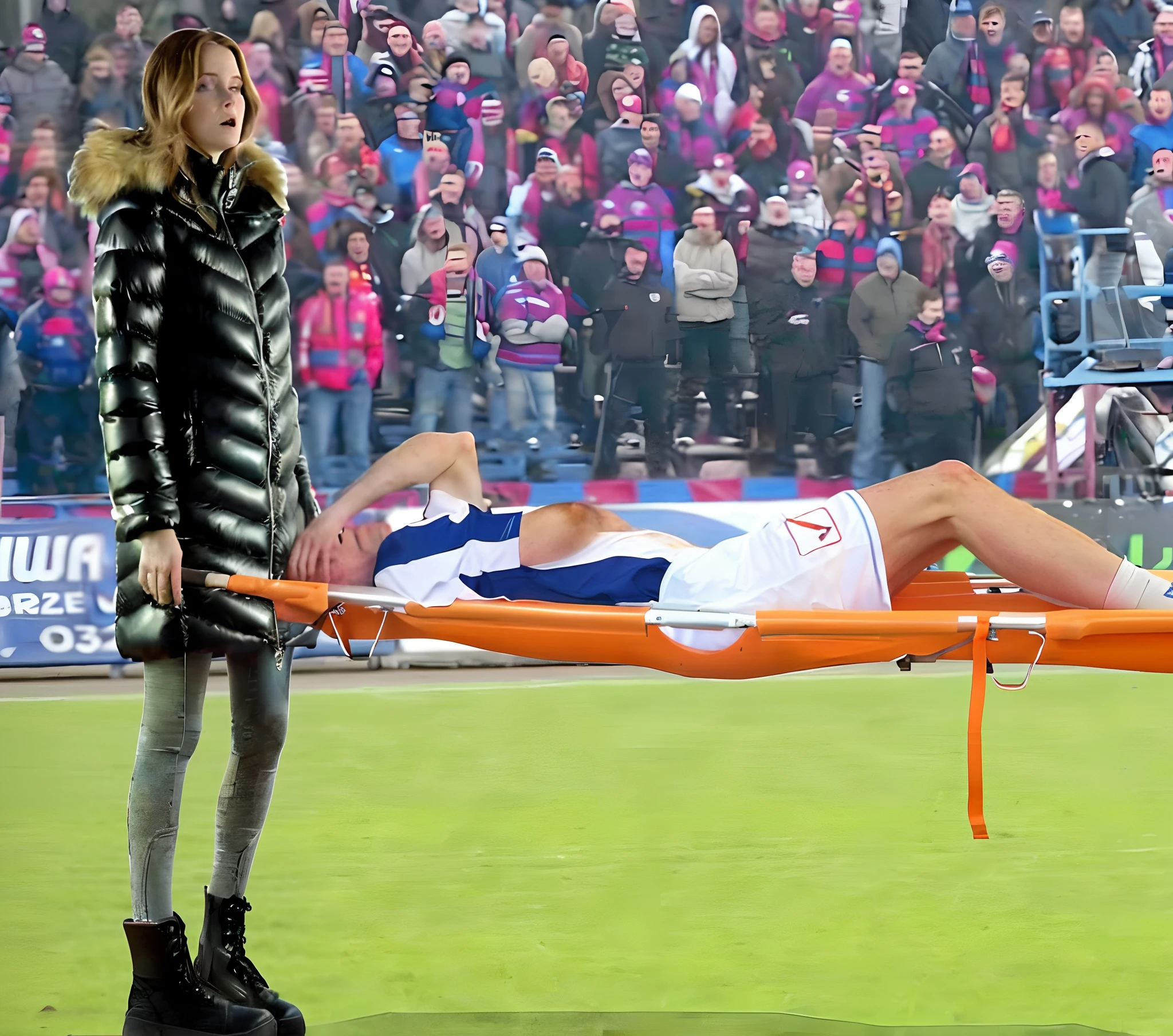A football scene with lots of spectators, In the foreground a beautiful long-haired woman in a shiny black down coat with a horrified face is carrying an injured man in a white and blue matte sports outfit who has put a hand over his pain-distorted face from left to right out of the stadium on a shiny orange stretcher, the injured sportsman in matte white-blue sportswear is placed horizontally on the stretcher with his handcovered head to the left and the lightly angled legs to the right, the injured sportsman has his painful face close to the shiny downcoat of the beautiful woman and has placed one arm and hand over his forehead, the beautiful woman who is carrying the stretcher from left to right has a very shocked face and is shoting out with horror to us