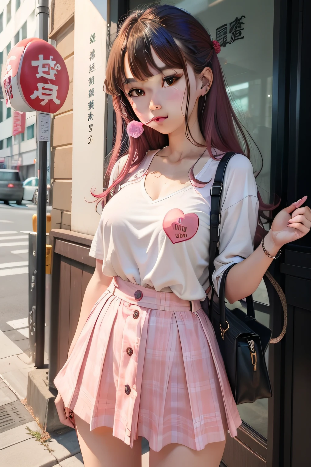 There is a woman holding a lollipop in her hand, 奈良美智, ulzzangs, full heart - shaped face, chiho, cute - fine - face, ❤🔥🍄🌪, あかさたなは on twitter, pink face