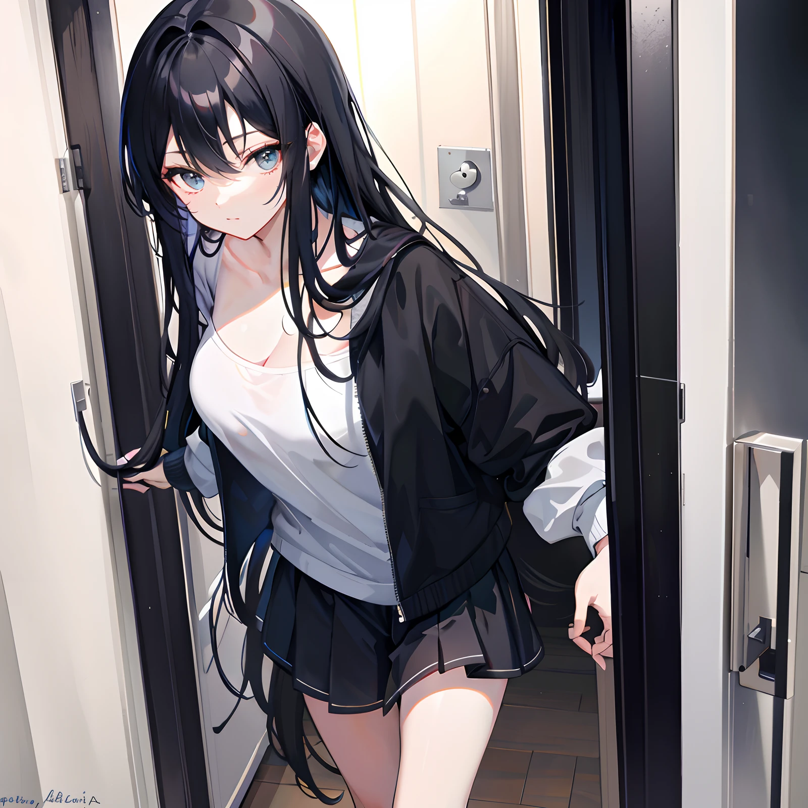 The black long-haired beauty opens the door