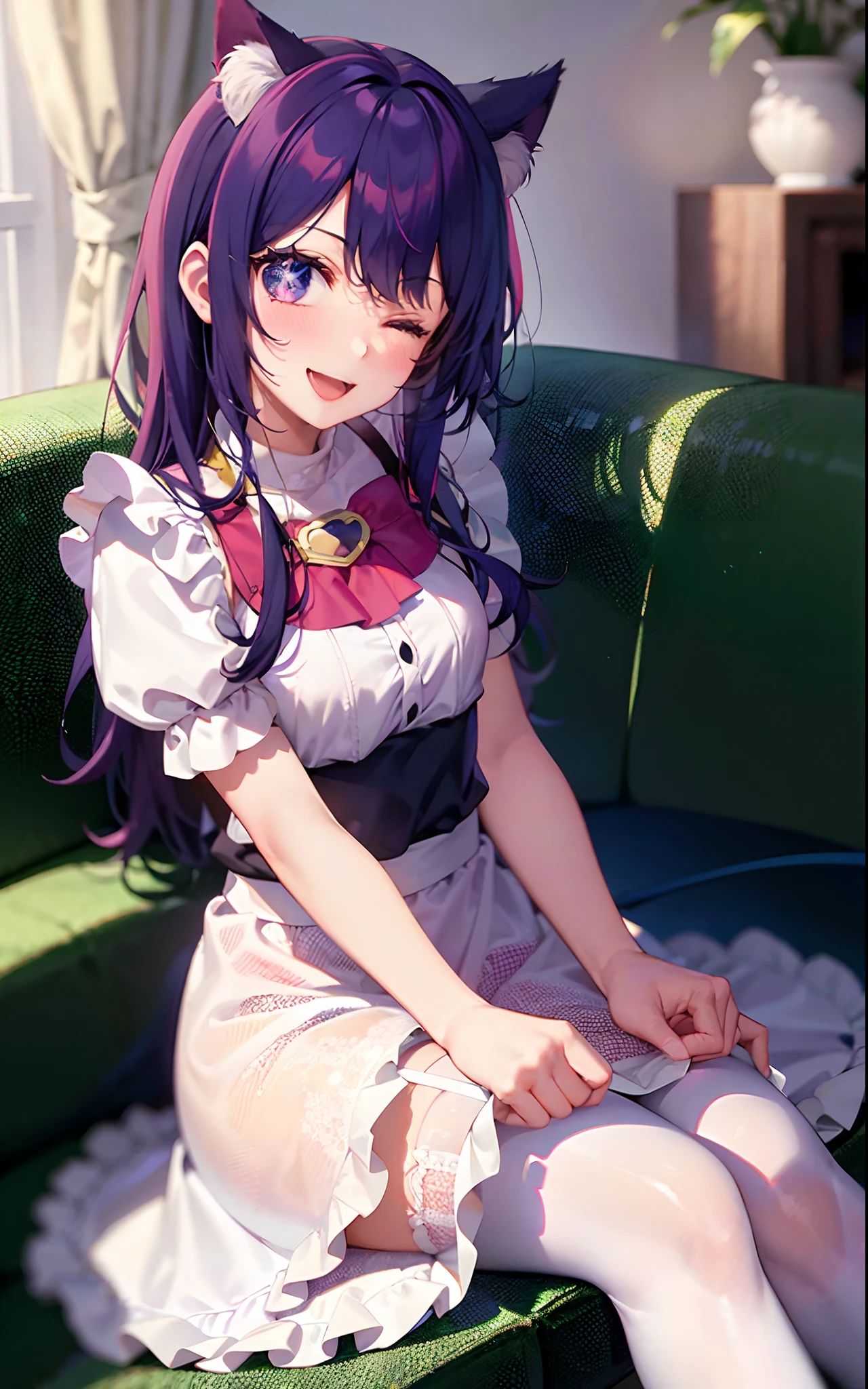 1girll,((There is a five-pointed star in the eye))Gorgeous Hair in Long Purple,Smile,Open mouth,the maid outfit,Blushlush,Cat ears,sofe,sitting in the couch,white stockings,One eye closed,Holding a cat cat