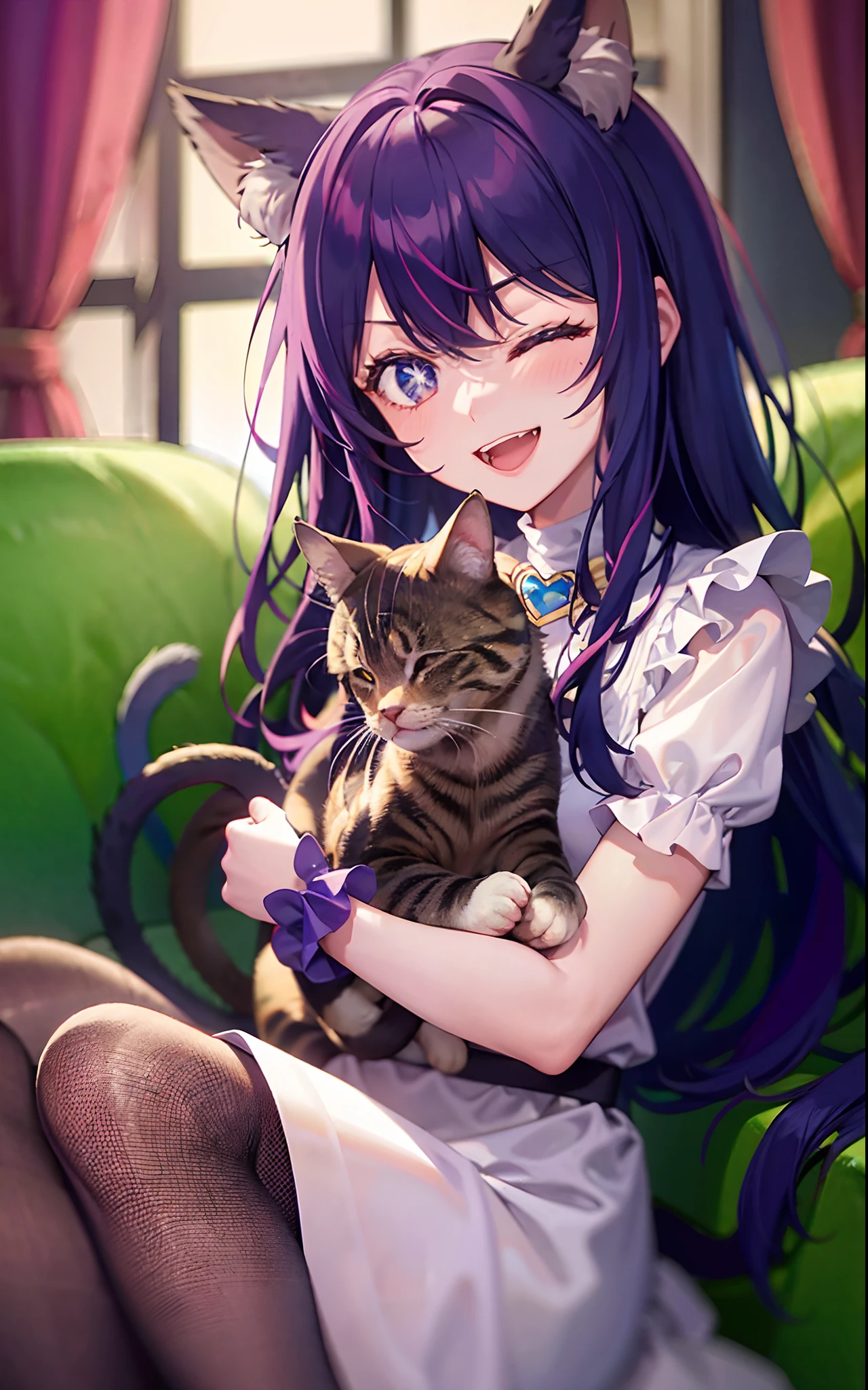 1girll,((There is a five-pointed star in the eye))Gorgeous Hair in Long Purple,Smile,Open mouth,the maid outfit,Blushlush,Cat ears,sofe,sitting in the couch,One eye closed,Holding a cat cat