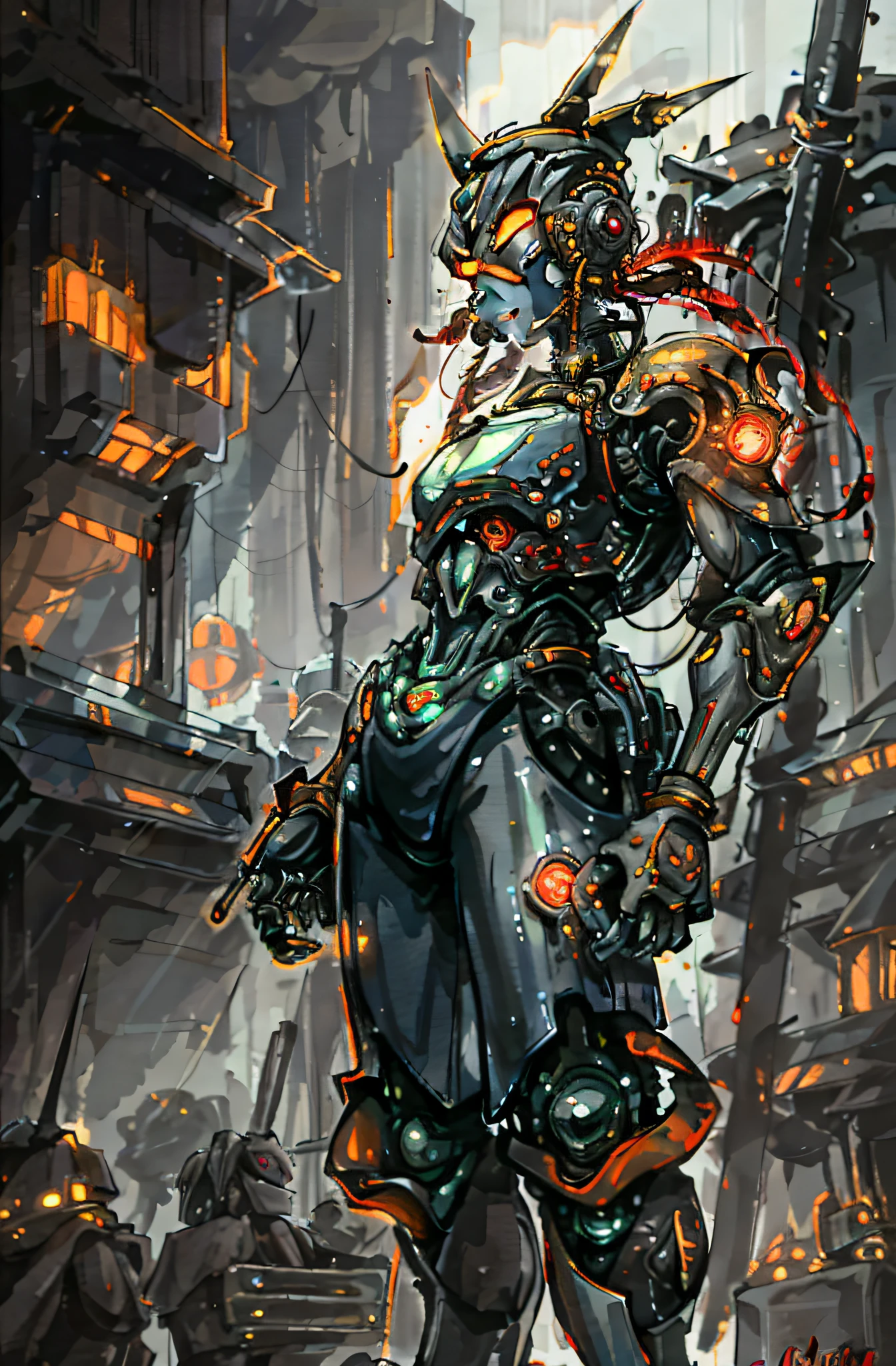 On the moon, barren planet, ruins, holding weapons, no humans, glowing, robot, building, glowing eyes, orange mech, science fiction, city, reality, mecha, galaxy background, full body, neon, cyber Punk, 8K wallpapers, ultra-detailed artwork, cinematic lighting, realistic photos, Dark_Fantasy, Cyberpunk, (chain saw, chain saw man, Red: 1.1), 1man, Mechanical marvel, Robotic presence, Cybernetic guardian, wearing a worn-out machine armor suit, intricate, (steel metal [rust]), elegant, sharp focus, photographed by greg rutkowski, soft lighting, vibrant colors, masterpiece, ((street)), cowboy shot, dynamic pose,