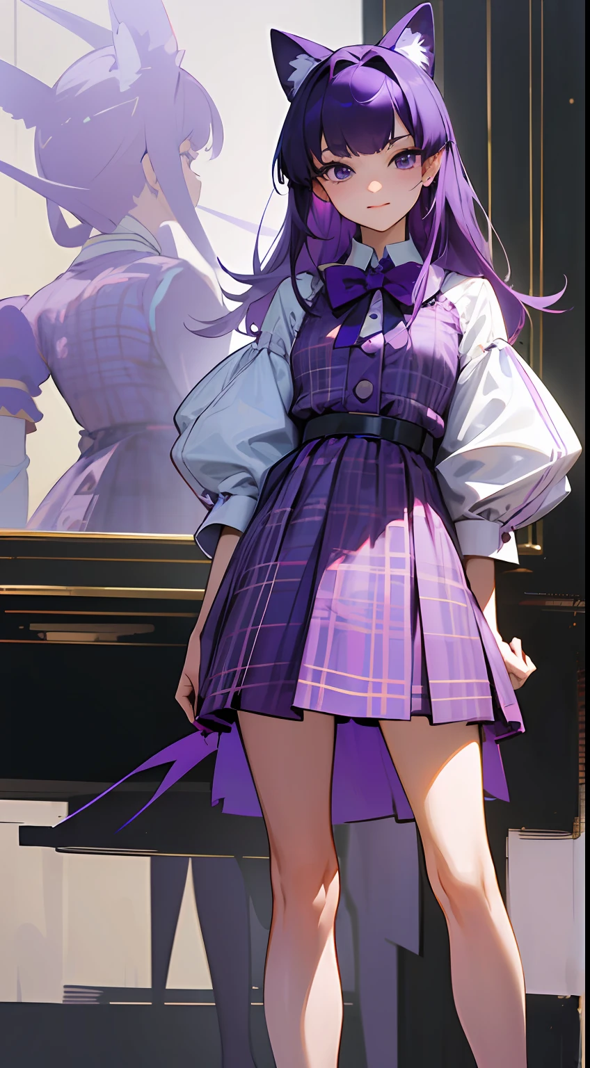 Masterpiece level, High- sharpness, Best Picture Quality,Full body portrait,ssmile,orthofacial，mature，年轻,standing on your feet，Hands naturally droop,A detailed eye，A detailed face，flatchest，The clothes ar：Purple plaid bow,purple dress， allure： Purple hair color
