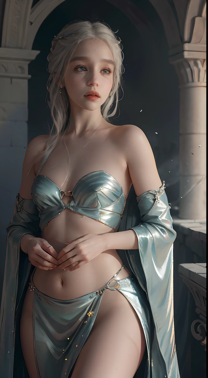 Game of Thrones heroine，Daenerys Targaryen，Image of a woman in a belly dance costume，There is a girl in a green dress, clubs，palaces，oriental architecture ray tracing，{best qualtiy}，{ {tmasterpiece}}，Extremely detailed 8K wallpaper，{An extremely delicate and beautiful}，coloured with lots of colour，intricately details，photorealestic，Realiy，Camera quality，（Carefully portray clothes），Cold white skin，（Carefully portray blush）,1080p，suns，Soft cute，Smooth light silver hair，Messy beauty，lamplight，Sense of brokenness，The skin is shiny and silky，3D stereoscopic，tmasterpiece，The best quality，The illustrations are super detailed，beautidful eyes，Very delicate light，Fine luminescence，Very detailed 8K CG wallpaper，Peach blossom eyes，Red pupils，An extremely delicate and beautiful girl，8k wallpaper，best qualtiy，close-up all over the body，a white long skirt，Luxuriously silky bright red chiffon overshine（Illusion，glitters，Ultrathin，softness，）Hanfu