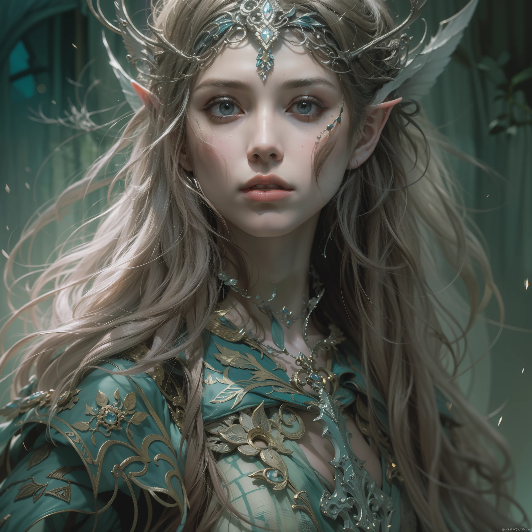 Beautiful portrait painting of perfect female elf warrior, shapeless long hair, perfect features, wearing ornate elven armor, ornate sword, abstract beauty, near perfection, pure form, minimalism, dynamic pose, ethereal background, deep dark shadows, cinematic lighting, concept art by Carne Griffiths and Wadim Kashim and Brian Froud and John William Waterhouse, intricate detail, 8k post-production, High resolution, super Detail, trending on ArtStation, sharp focus, studio photos, intricate detail, Very detailed, art by Greg Rutkowski