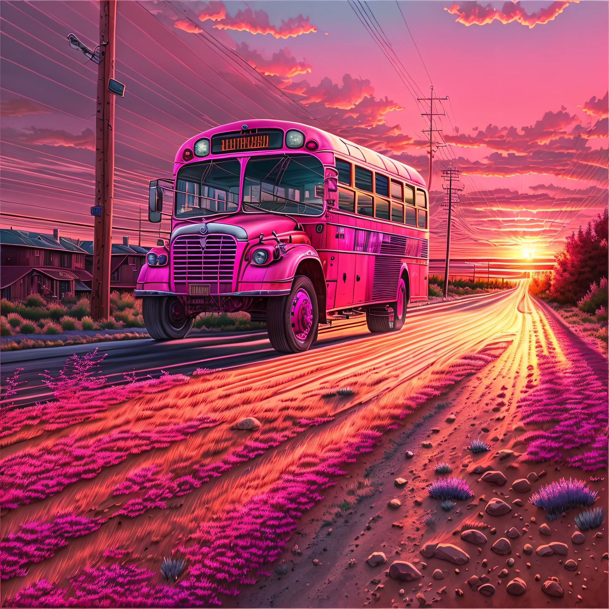 (Best quality), (masterpiece:1.3), (photorealistic:1.36), (realistic), ultra-detailed,, detail background, The windshield of a blue bus heading west flashes pink in the setting sun, the setting sun glints off the bus windows, and the setting sun brushes the sides of the outmoded bus. Red gravel road,Country roads, sunset, sparse buildings,+
