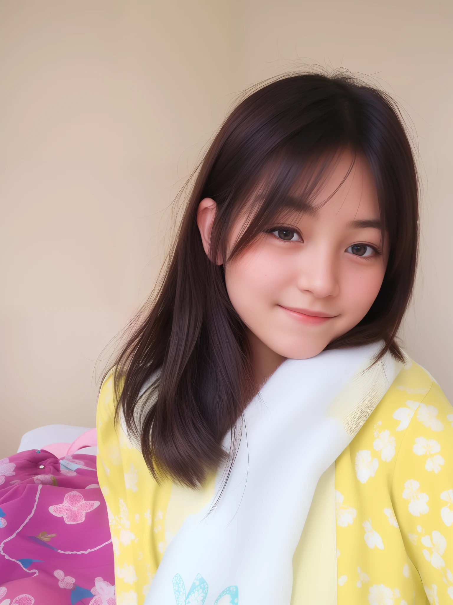 A cute teenage girl taking a photo of herself, sunlight shining on her, realistic, lookalike, look alike, realistic face, dimple