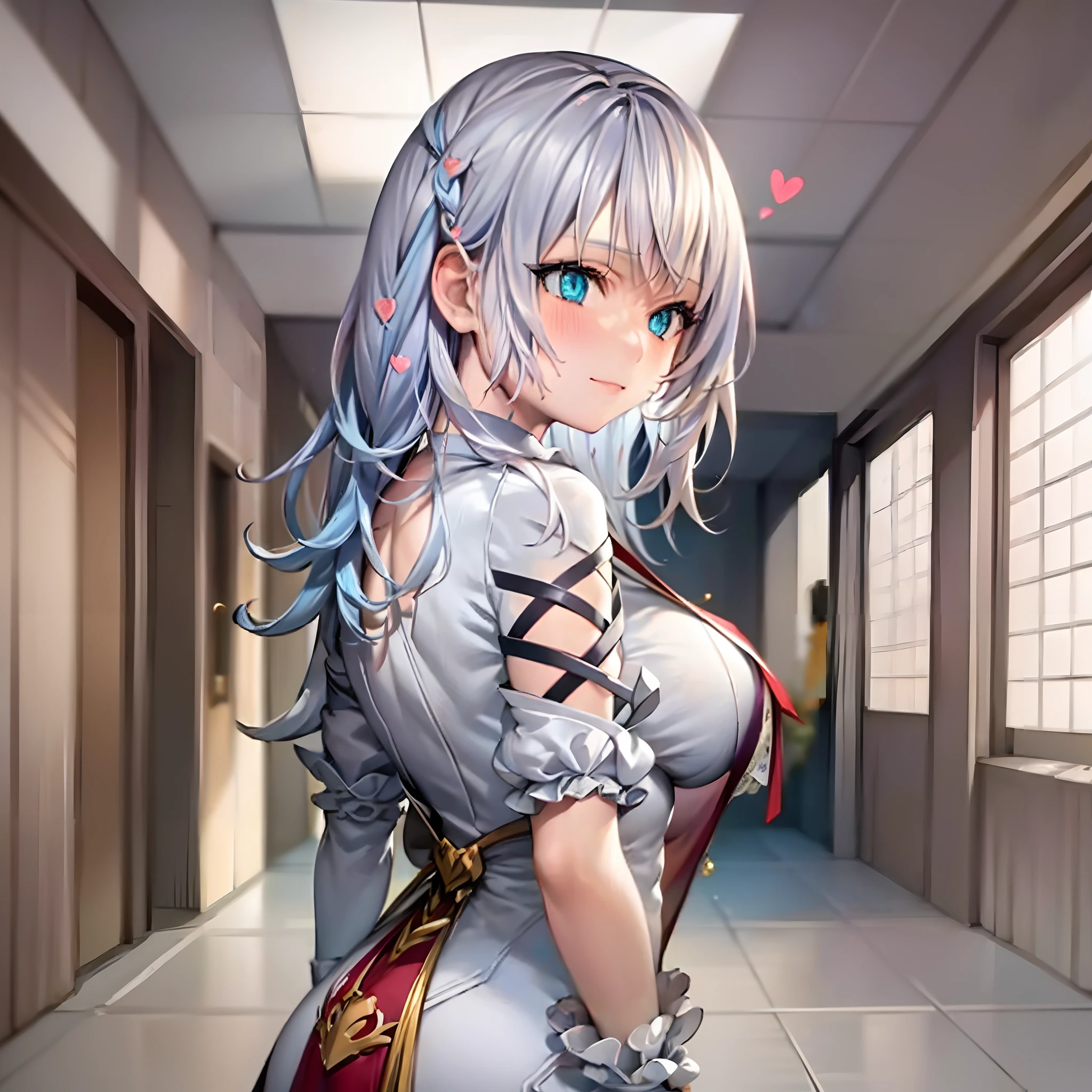 light-reflecting clothing, (light diffraction on skin: 1.35), (Shiny skin: 1.55), (iridescent effect: 1.55), anime big breast, a woman with white hair and blue eyes smiling seductively is standing in a room, , Process art, seductive anime girls, loli in dress, visual anime of a cute girl, girl with perfect white hair, anime moe art style, Fine details. Girl Front, from girls frontline, A Hyperrealistic Schoolgir, Anime Girl Wearing White Shirt with Blue Hair, Breasts, 1girll, Escot, Camisa, By wide, Blue eyes, Drowning, Solo, white shirt, Big breasts, Wet, Wet clothes, Blush, Short sleeves, bangs,(Masterpiece, Best quality, Ultra-detailed: 1.6), illustration, (Solo, 1 girl, Beautiful detailed eyes: 1.2), City, street, Making a Heart with Fingers, Expression of girl in love, plump, big assa, From behind, show the butt on the face, huge tit,