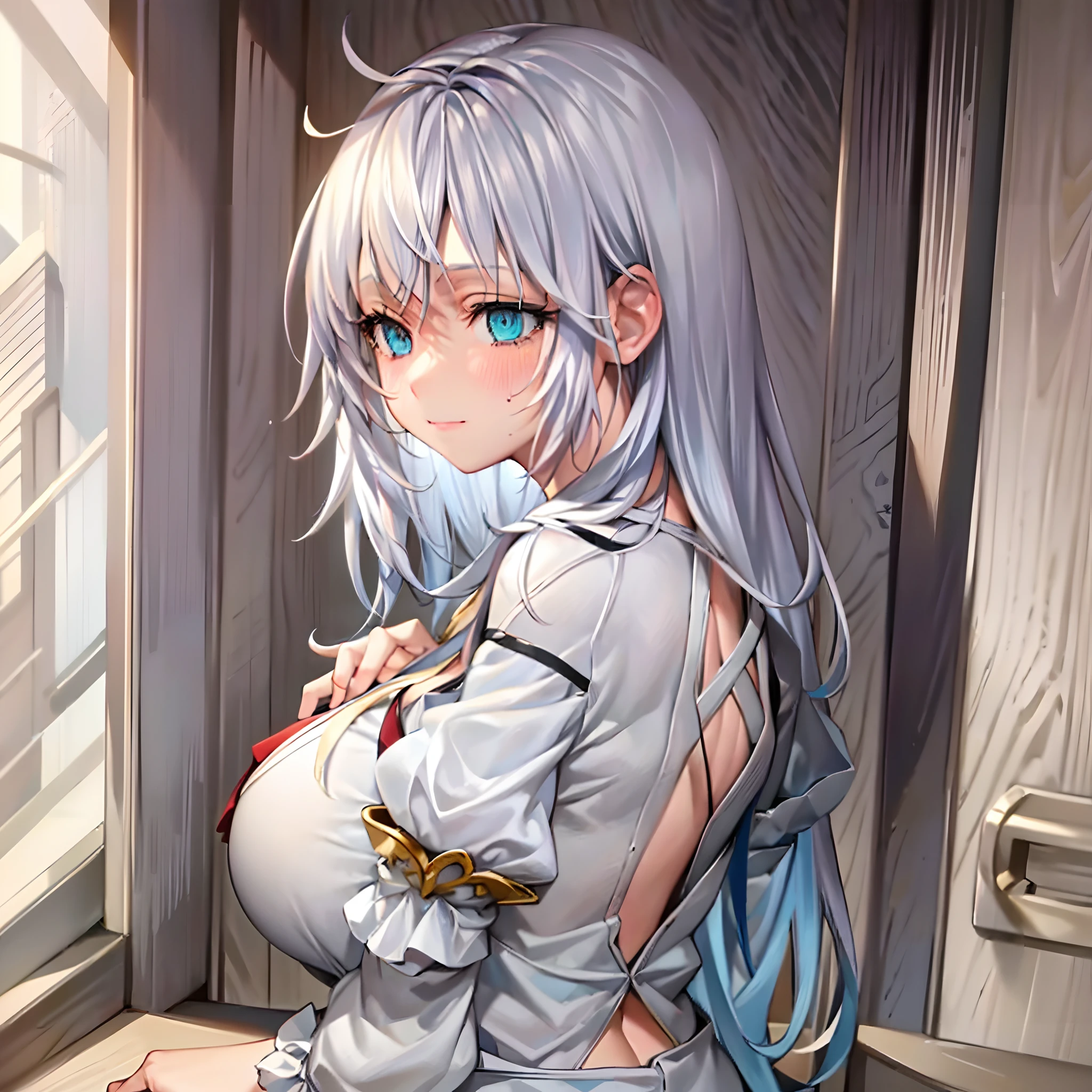 light-reflecting clothing, (light diffraction on skin: 1.35), (Shiny skin: 1.55), (iridescent effect: 1.55), anime big breast, a woman with white hair and blue eyes smiling seductively is standing in a room, , Process art, seductive anime girls, li in dress, visual anime of a cute girl, girl with perfect white hair, anime moe art style, Fine details. Girl Front, from girls frontline, A Hyperrealistic Schoolgir, Anime Girl Wearing White Shirt with Blue Hair, Breasts, 1girll, Escot, Camisa, By wide, Blue eyes, Drowning, Solo, white shirt, Big breasts, Wet, Wet clothes, Blush, Short sleeves, bangs,(Masterpiece, Best quality, Ultra-detailed: 1.6), illustration, (Solo, 1 girl, Beautiful detailed eyes: 1.2), City, street, Making a Heart with Fingers, Expression of girl in love, plump, big assa, From behind, show the butt on the face, huge tit,