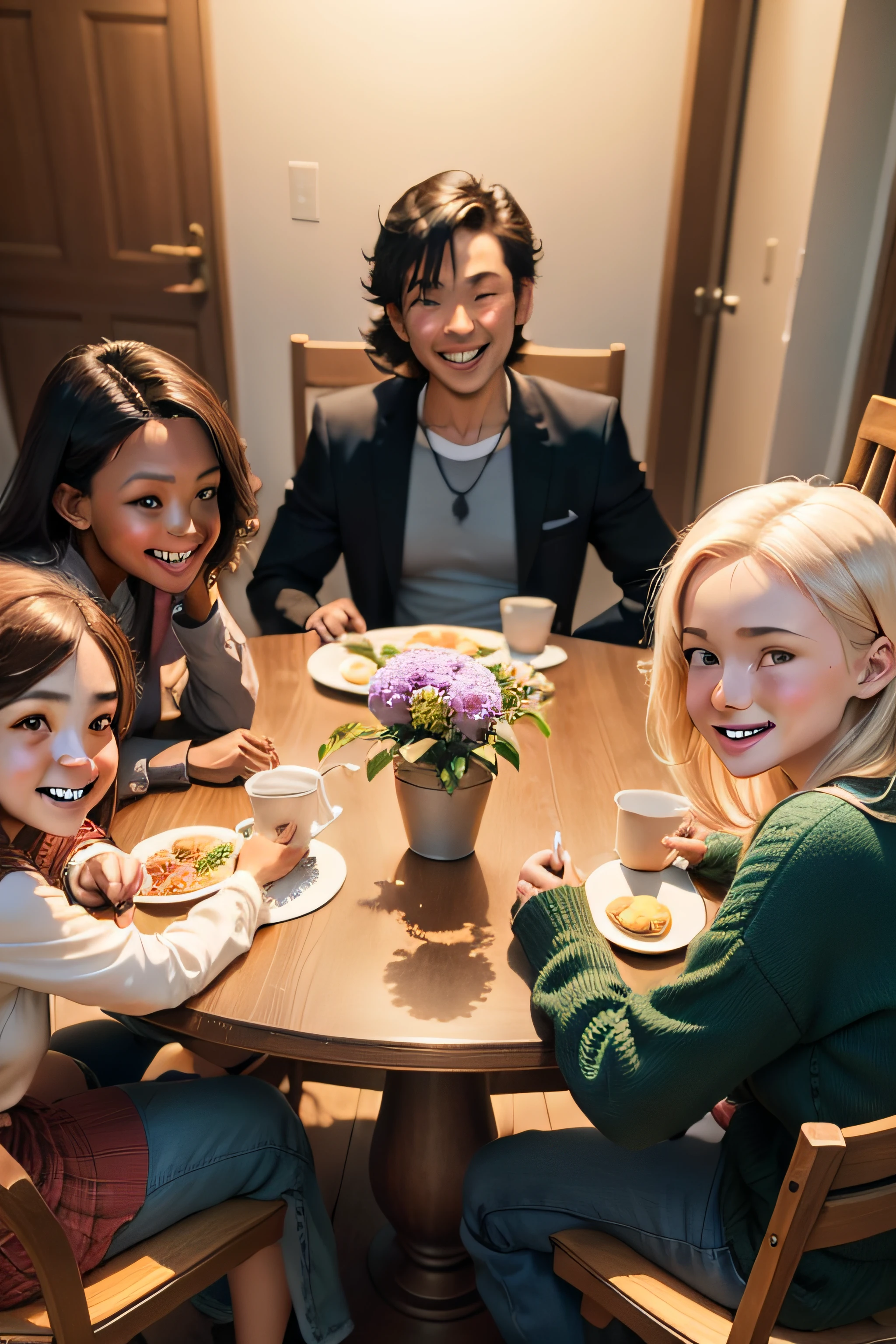 A small, diverse group of friends sitting around a table, sharing sincere smiles and expressions.