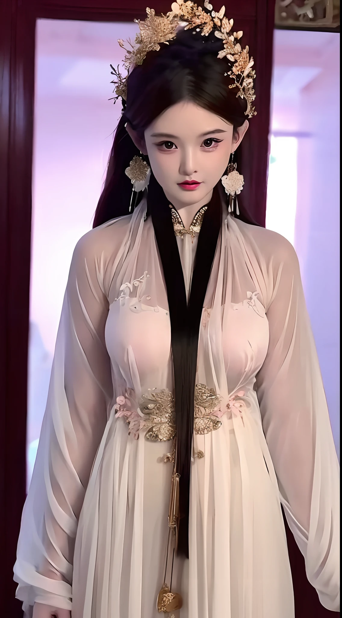 1 realistically beautiful girl, waist length hair, black eyes, ancient Ao Dai, style hanfu, wearing a thin silk shirt of ancient China, pink and smooth white skin, wearing a discreet ancient style ao dai, appears shoulders and head in the photo, plump red lips, pout, mouth shut, embarrassed, small face makeup detailed and very beautifull, breast augmentation, blum boobs, Cover the girl's chest with a camisole inside, blush, from front, wear earrings, necklaces, from above, looking at viewer, upturned eyes, full body, masterpiece, top quality, best quality, official art, unity 8k wallpaper, highres, ultra-high res, ultra-detailed, (photorealistic:1.2), alone, solo, Only 1 girl, style hanfu Dunhuang, 10x pixels, super realistic, ultra high quality, full body view of the girl, upper body, Portrait,