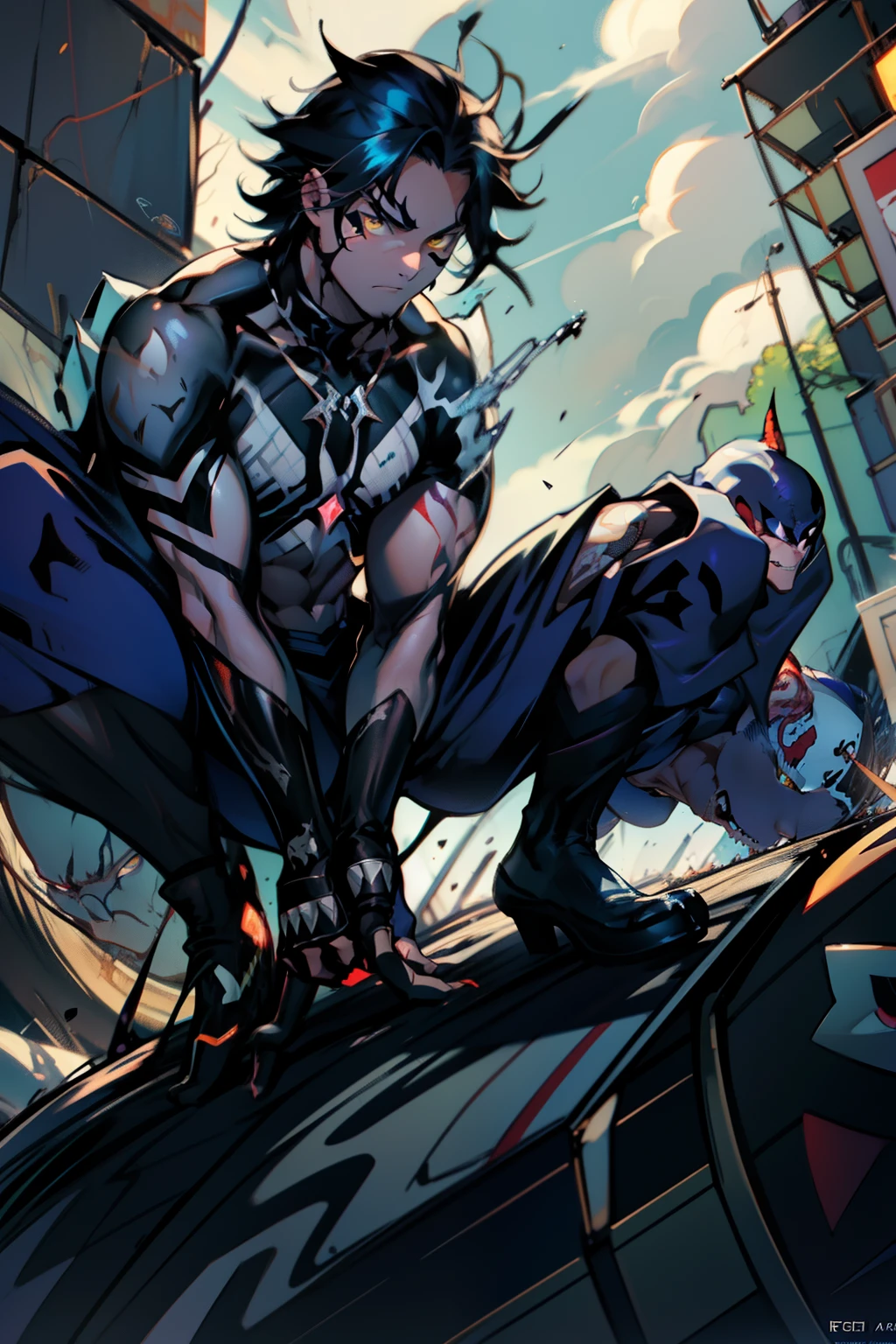 《the original god》Arataki Kazuto , male people, chest muscle, Sexy , Venom symbiote for your body, Black mucus of the body , into venom, venomize,Black bodysuit,(Cloak),Red cape,Abs,(Adult male)((Venom possession,venom symbiote)),over-Tortoise Man,Battle damage,((Masterpiece)), ((Best quality)), Ultra detailed,((illustration)), Dynamic Angle, Detailed light, (Delicate eyes), Floating, 1boy, Male focus, Head, Clothing, Yellow eyes, necklace, tattoo, (Forehead:0.8), (ahoge:0.8), jewelry, brunette color hair,apathy,Ray, chest muscle, Sexy , Venom symbiote for your body, Black mucus of the body , (into venom), Venom,frontage,Bust photo,White tight-fitting top,spiderman outfit,style of anime4 K, 4K anime wallpaper, Badass anime 8 K, 4 k comic wallpaper, young anime man, Anime boys, Anime wallpapers 4 k, Anime wallpaper 4K, High quality anime art style, Anime moe art style, Anime art wallpaper 8 K, Anime art wallpaper 4 K, RGB lighting,