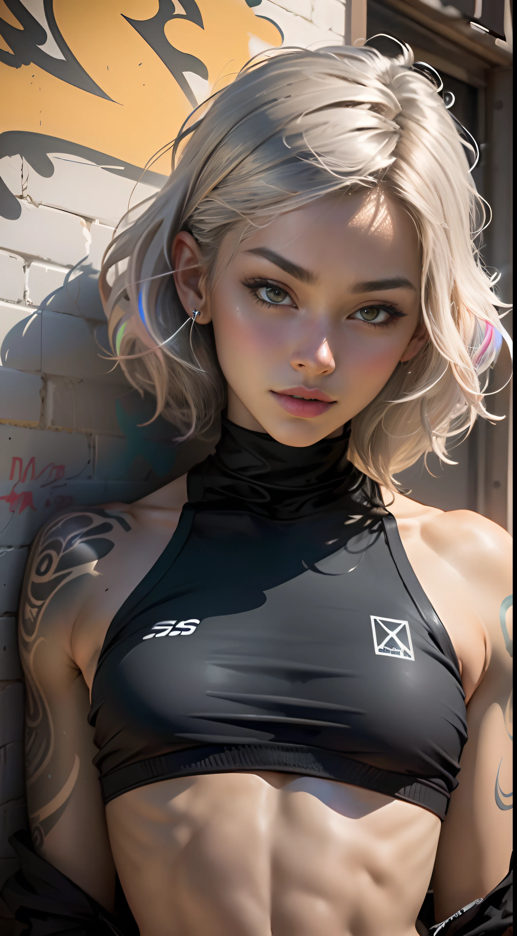 Beautiful cybernetic swarthy girl, iridescent hair,looking at the camera, underwear, detailed muscles, A realistic masterpiece,in the style of hip-hop,The whole body is tattooed,grafffiti,