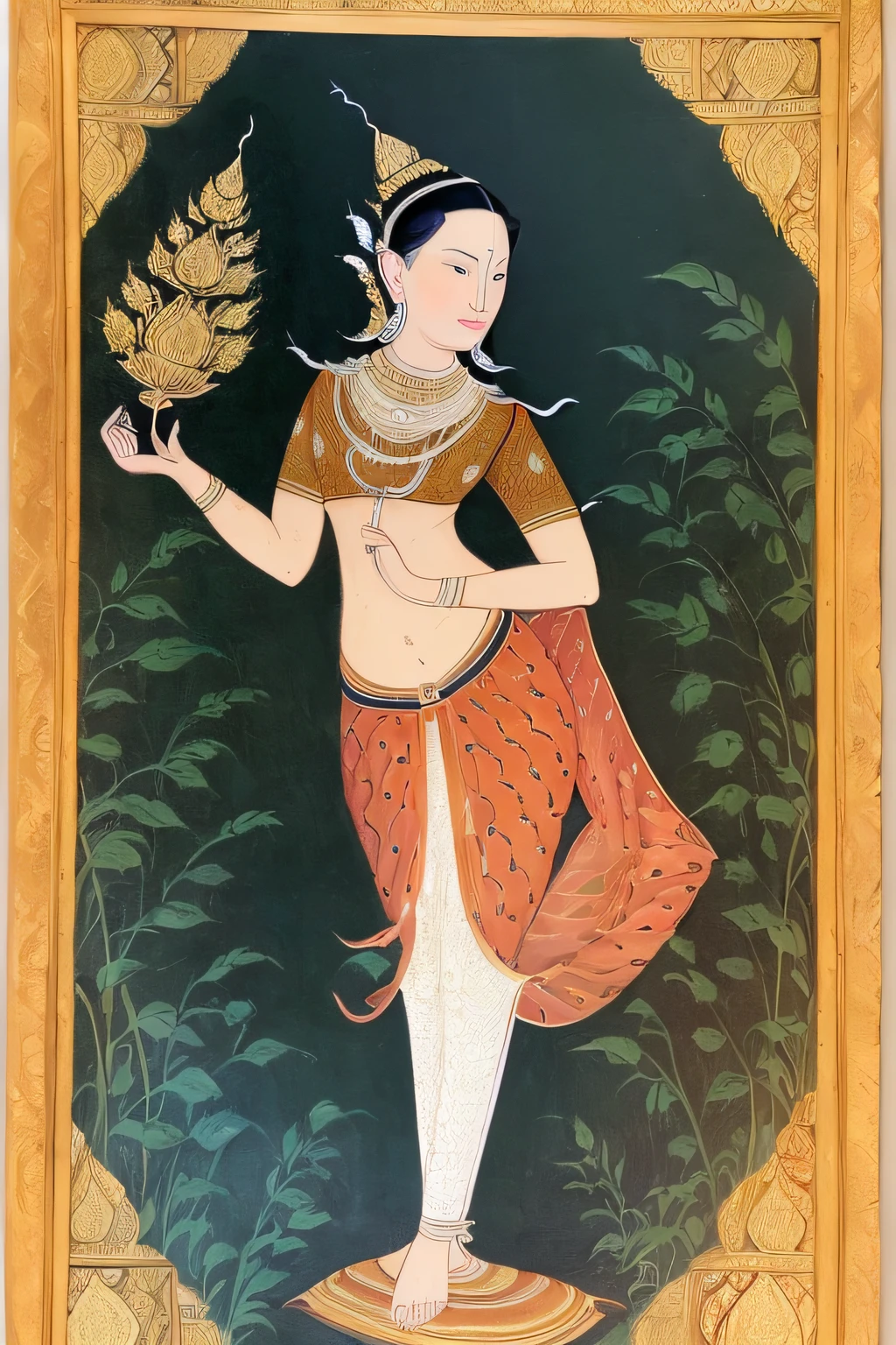 a Women, stand, Full body, close up, Mughal miniature painting, linekanok painting,(((2D))), Thaivichit, literature, Ancient Thai paintings,((Premium)), ((Special)), linevichit designs,linevichit design,linevichit pattern,linekanok background, Beutiful, With Durian,Holding Durian.
