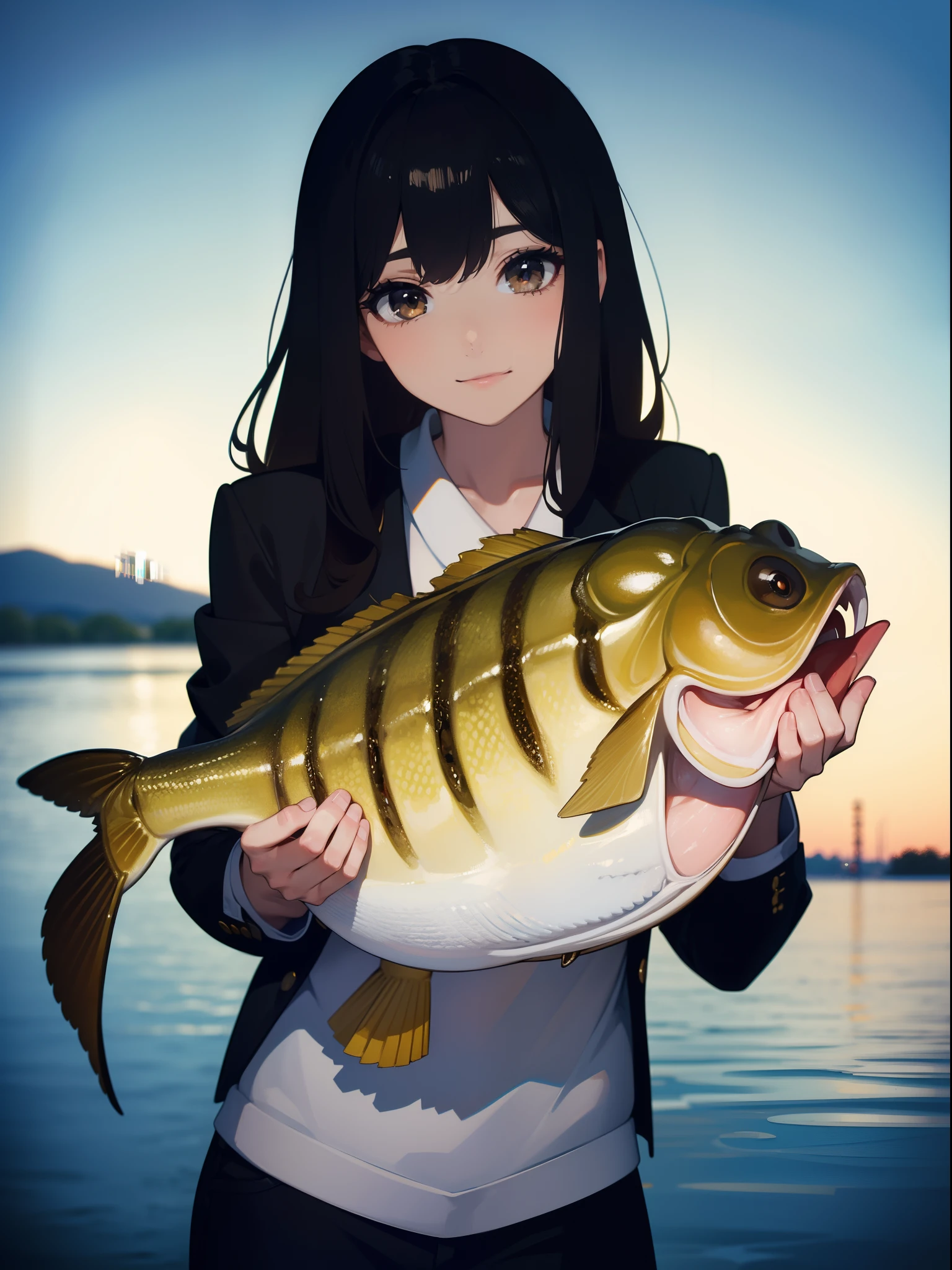 ((((Catching a large mouth bass by the lake)))),((Best quality, Masterpiece :1.3)),hight resolution,ultra-detailliert,Official art,Beauty and aesthetics,masterpiece,best qualtiy,ighly detailed,1 japanese girl,black hair, long eye-lashes, solid circle eyes, light smile, drop shadow, atmospheric perspective,super detail, ccurate, best quality, small breasts,black jacket,