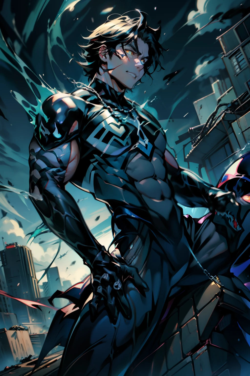 《the original god》Arataki Kazuto , male people, chest muscle, Sexy , Venom symbiote for your body, Black mucus of the body , into venom, venomize,Black bodysuit,(Cloak),Red cape,Abs,(Adult male)((Venom possession,venom symbiote)),over-Tortoise Man,Battle damage,((Masterpiece)), ((Best quality)), Ultra detailed,((illustration)), Dynamic Angle, Detailed light, (Delicate eyes), Floating, 1boy, Male focus, Head, Clothing, Yellow eyes, necklace, tattoo, (Forehead:0.8), (ahoge:0.8), jewelry, brunette color hair,apathy,Ray, chest muscle, Sexy , Venom symbiote for your body, Black mucus of the body , (into venom), Venom,frontage,Bust photo,White tight-fitting top,spiderman outfit,style of anime4 K, 4K anime wallpaper, Badass anime 8 K, 4 k comic wallpaper, young anime man, Anime boys, Anime wallpapers 4 k, Anime wallpaper 4K, High quality anime art style, Anime moe art style, Anime art wallpaper 8 K, Anime art wallpaper 4 K, RGB lighting,