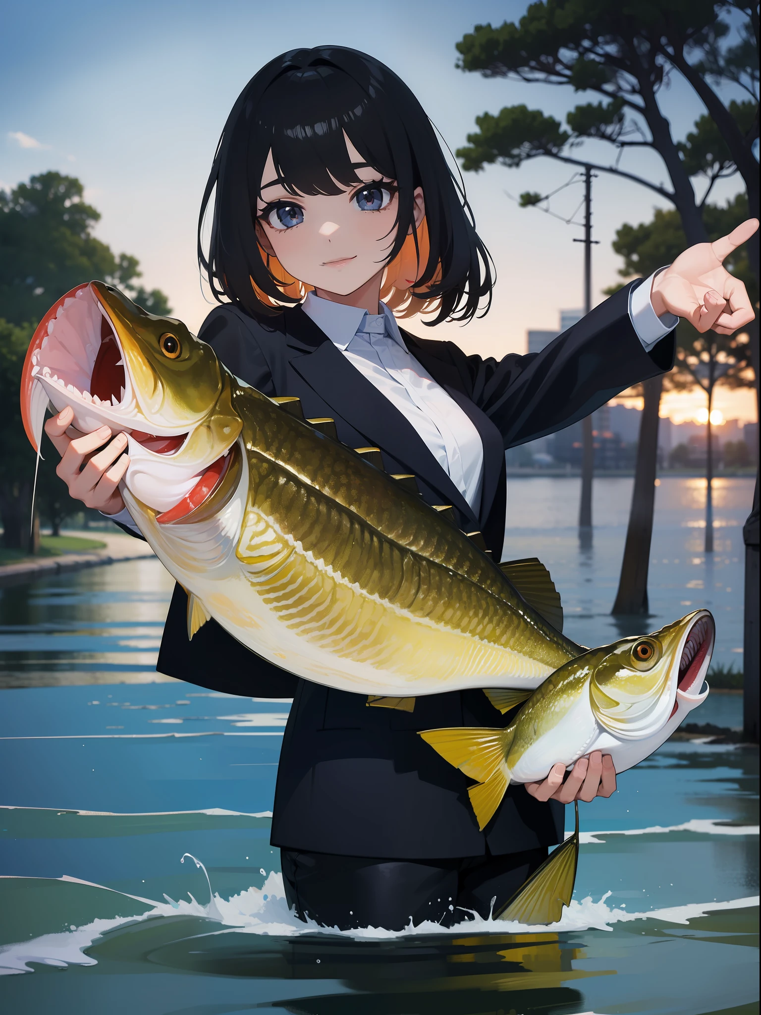 ((((Catching a large mouth bass by the lake)))),((Best quality, Masterpiece :1.3)),hight resolution,ultra-detailliert,Official art,Beauty and aesthetics,masterpiece,best qualtiy,ighly detailed,1 japanese girl,black hair, long eye-lashes, solid circle eyes, light smile, drop shadow, atmospheric perspective,super detail, ccurate, best quality, small breasts,black jacket,