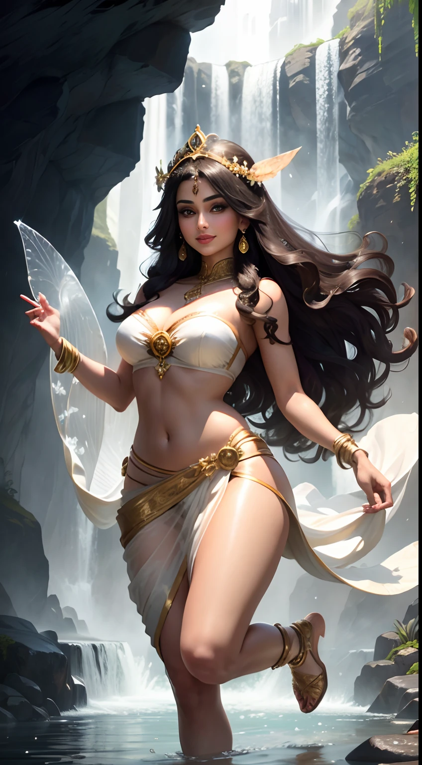Mouni Roy as a fairy, floating in mid air, beside a waterfall, large breasts, wide hips, flowers in hand, dark brown long hair, beautiful, one hand raised, wearing a white silk strapless bra and a transparent full sarees, wearing heavy gold ornaments, big smile, full body, mountains in background, full light on face, photorealistic, High resolution