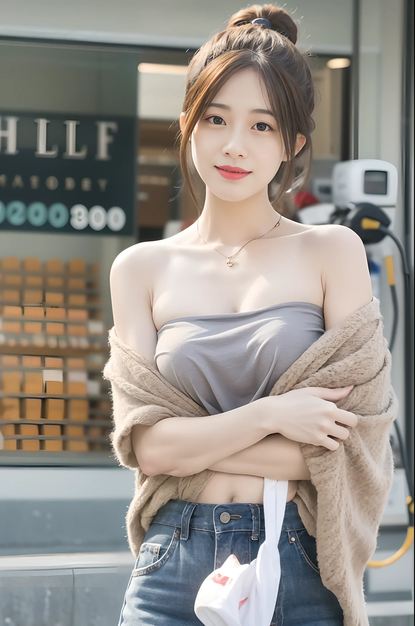 mix4, (8K, RAW images, best qualtiy, tmasterpiece: 1.2), (realisticlying, Realistic pictures: 1.37) ,1girll, adolable, scenecy, the night, Sateen, dampness, profesional lighting, photon maping, Radio City, Physically based displays, Bandeau,无袖,cropped shoulders,Crop topping,adolable,shyexpression,