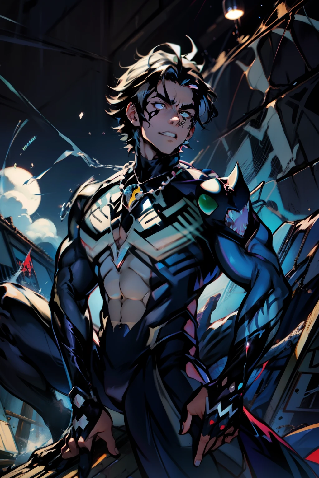 《the original god》Arataki Kazuto , male people， chest muscle， Sexy , Venom symbiote for your body, Black mucus of the body , into venom, venomize，Black bodysuit，（Cloak），Red cape，Abs，（Adult male）（（Venom possession，venom symbiote）），over-Tortoise Man，Battle damage，((Masterpiece)), ((Best quality)), Ultra detailed,((illustration)), Dynamic Angle, Detailed light, (Delicate eyes), Floating, 1boy, Male focus, Head, Clothing, Yellow eyes, necklace, tattoo, (Forehead:0.8), (ahoge:0.8), jewelry, brunette color hair,apathy，Ray， chest muscle， Sexy , Venom symbiote for your body, Black mucus of the body , （into venom）, Venom，frontage，Bust photo，White tight-fitting top，spiderman outfit，style of anime4 K， 4K anime wallpaper， Badass anime 8 K， 4 k comic wallpaper， young anime man， Anime boys， Anime wallpapers 4 k， Anime wallpaper 4K， High quality anime art style， Anime moe art style， Anime art wallpaper 8 K， Anime art wallpaper 4 K， RGB lighting，