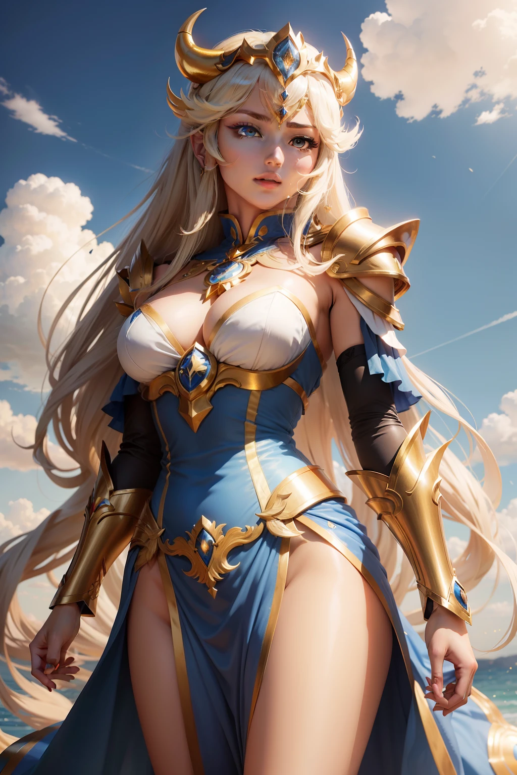 with blue sky and white clouds，Beautuful Women，Female Golden Saint Seiya，Taurus Holy Vestment，Dress coolly，The eyes are sharp，Greek legend dressed，Saint Seiya Taurus Holy Vestment，Taurus Gold Vestment