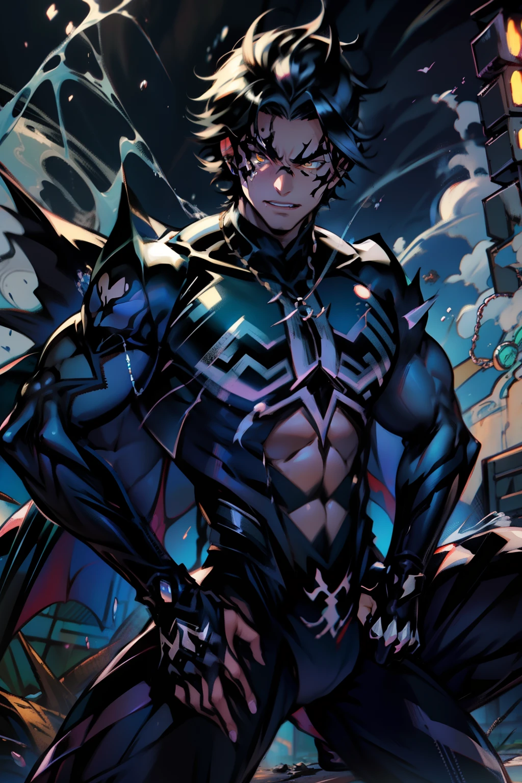 《the original god》Arataki Kazuto , male people, chest muscle, Sexy , Venom symbiote for your body, Black mucus of the body , into venom, venomize,Black bodysuit,(Cloak),Red cape,Abs,(Adult male)((Venom possession,venom symbiote)),over-Tortoise Man,Battle damage,((Masterpiece)), ((Best quality)), Ultra detailed,((illustration)), Dynamic Angle, Detailed light, (Delicate eyes), Floating, 1boy, Male focus, Head, Clothing, Yellow eyes, necklace, tattoo, (Forehead:0.8), (ahoge:0.8), jewelry, brunette color hair,apathy,Ray, chest muscle, Sexy , Venom symbiote for your body, Black mucus of the body , (into venom), Venom,frontage,Bust photo,White tight-fitting top,spiderman outfit,style of anime4 K, 4K anime wallpaper, Badass anime 8 K, 4 k comic wallpaper, young anime man, Anime boys, Anime wallpapers 4 k, Anime wallpaper 4K, High quality anime art style, Anime moe art style, Anime art wallpaper 8 K, Anime art wallpaper 4 K, RGB lighting,