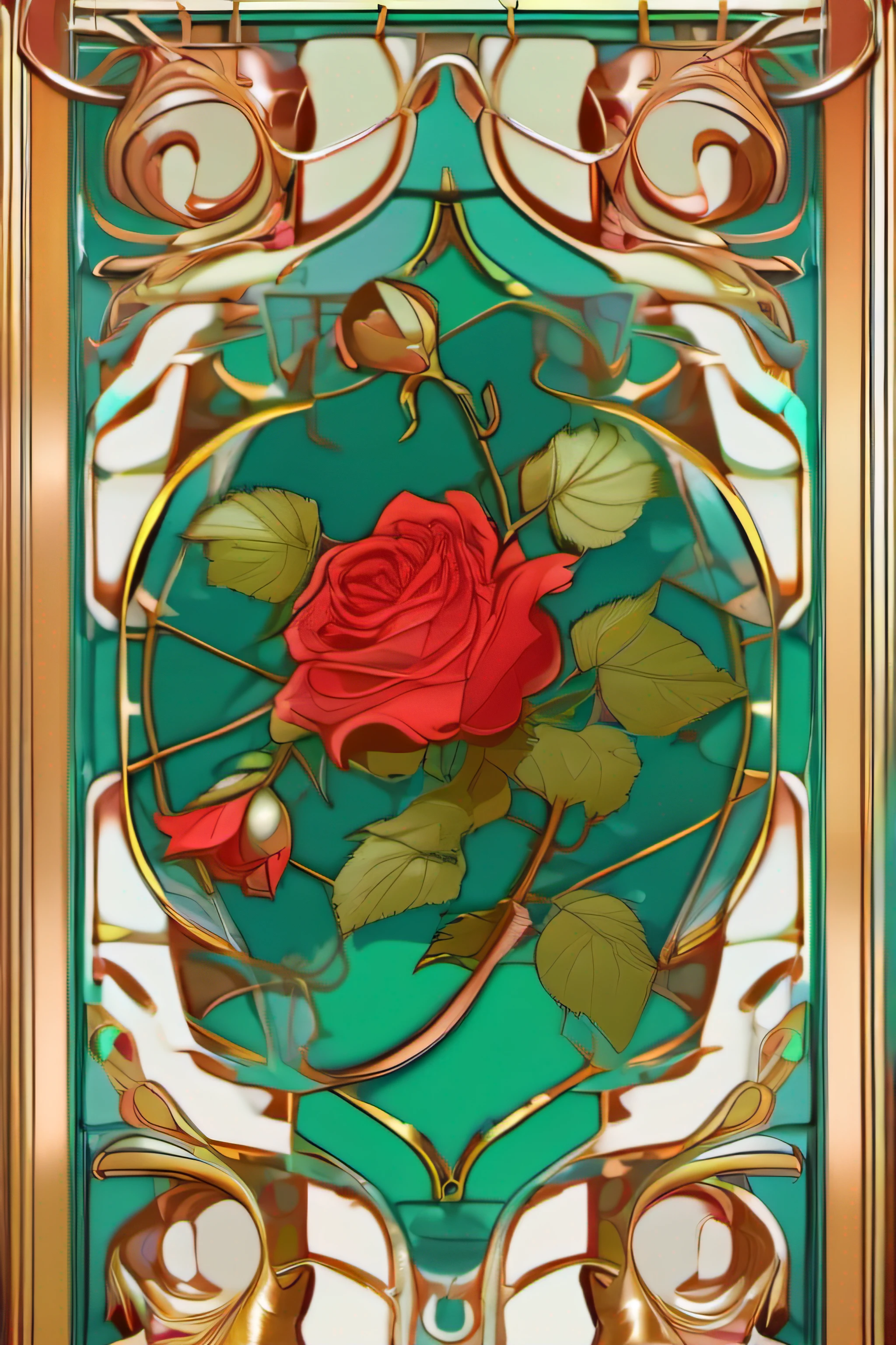 Floral frame,Decorative panel,abstract art,Alphonse Mucha(tmasterpiece,best qualtiy,hight resolution:1.4),A detailed,intricate-detail {splash of color,line-drawing,Fibonacci,Boken,Golden Eyes,Gold eyes,Delicate hands,Good looking hands Spiral Ivy Creeper Green small leaves spirals Ruby-like red rose flowers Intertwined in a spiral Green Corridor Beautiful spiral