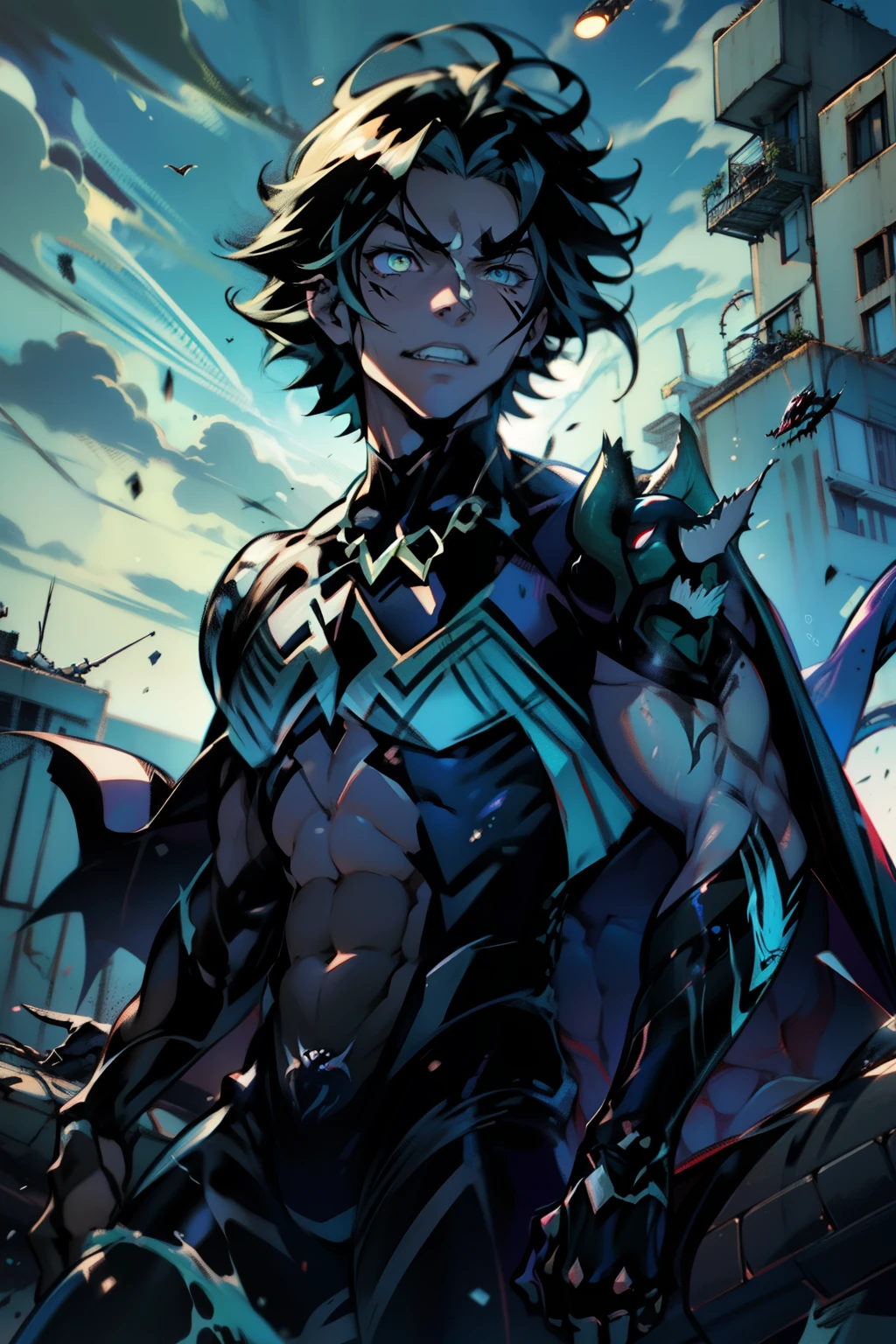 《the original god》Arataki Kazuto , male people, chest muscle, Sexy , Venom symbiote for your body, Black mucus of the body , into venom, venomize,Black bodysuit,(Cloak),Red cape,Abs,(Adult male)((Venom possession,venom symbiote)),over-Tortoise Man,Battle damage,((Masterpiece)), ((Best quality)), Ultra detailed,((illustration)), Dynamic Angle, Detailed light, (Delicate eyes), Floating, 1boy, Male focus, Head, Clothing, Yellow eyes, necklace, tattoo, (Forehead:0.8), (ahoge:0.8), jewelry, brunette color hair,apathy,Ray, chest muscle, Sexy , Venom symbiote for your body, Black mucus of the body , (into venom), Venom,frontage,Bust photo,White tight-fitting top,spiderman outfit,style of anime4 K, 4K anime wallpaper, Badass anime 8 K, 4 k comic wallpaper, young anime man, Anime boys, Anime wallpapers 4 k, Anime wallpaper 4K, High quality anime art style, Anime moe art style, Anime art wallpaper 8 K, Anime art wallpaper 4 K, RGB lighting,