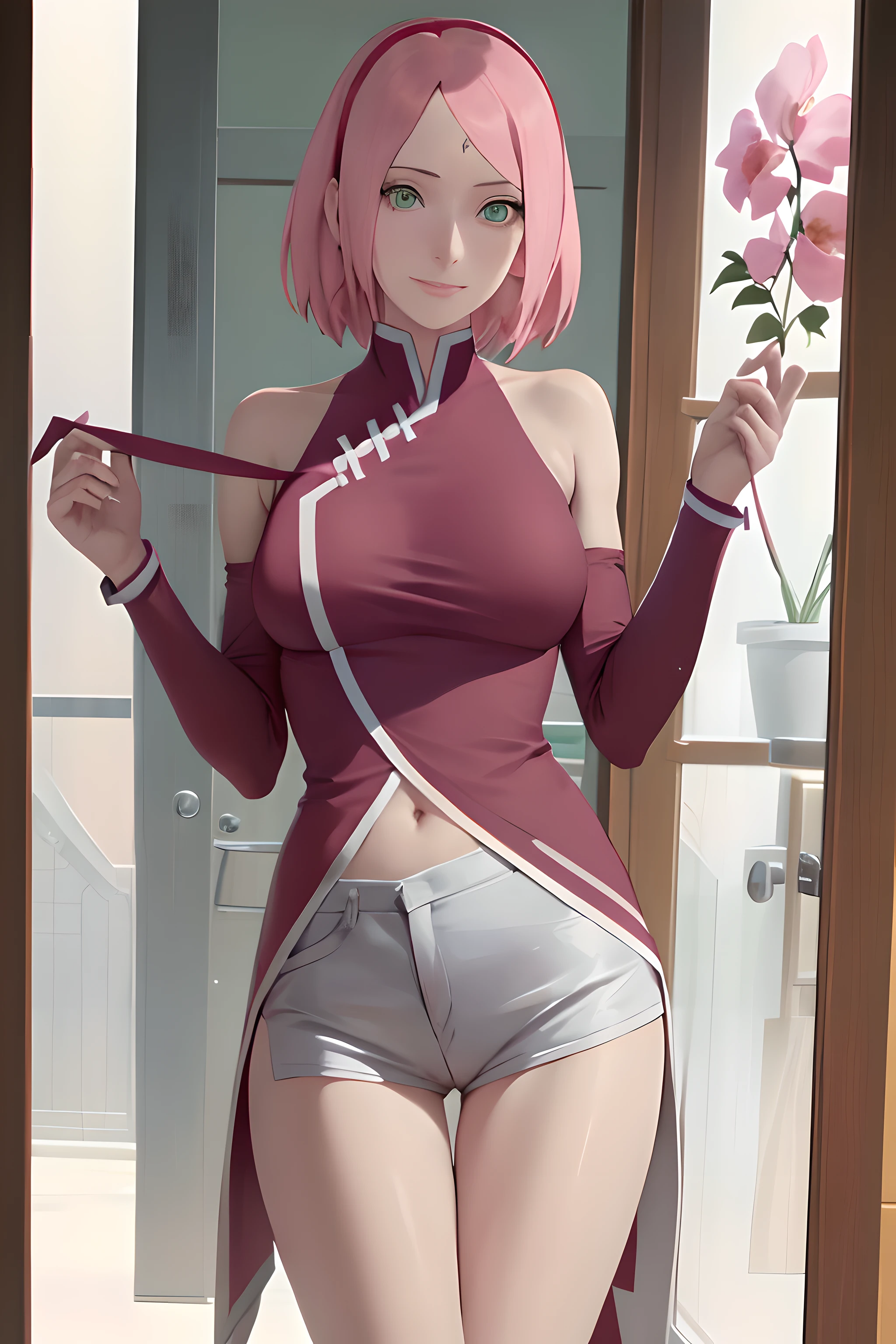 Haruno Sakura, Naruto \(series\),( jambes,jambes nues,cuisses:1.2), 1fille, bandeau bleu, fleurs de cerisier, yeux verts, sourire, prises de cheveux, bandeau, veste, cheveux longs, regardant le spectateur, cheveux roses, veste rouge, croquis, sans manches, veste sans manches, petits seins, sourire, solo, portrait , ((master piece)), Tetons qui pointent, chatte a l'air, naked sex