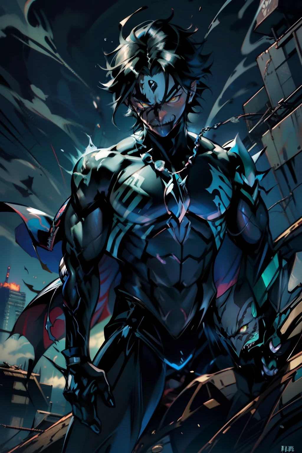 《the original god》Arataki Kazuto , male people， chest muscle， Sexy , Venom symbiote for your body, Black mucus of the body , into venom, venomize，Black bodysuit，（Cloak），Red cape，Abs，（Adult male）（（Venom possession，venom symbiote）），over-Tortoise Man，Battle damage，((Masterpiece)), ((Best quality)), Ultra detailed,((illustration)), Dynamic Angle, Detailed light, (Delicate eyes), Floating, 1boy, Male focus, Head, Clothing, Yellow eyes, necklace, tattoo, (Forehead:0.8), (ahoge:0.8), jewelry, brunette color hair,apathy，Ray， chest muscle， Sexy , Venom symbiote for your body, Black mucus of the body , （into venom）, Venom，frontage，Bust photo，White tight-fitting top，spiderman outfit，style of anime4 K， 4K anime wallpaper， Badass anime 8 K， 4 k comic wallpaper， young anime man， Anime boys， Anime wallpapers 4 k， Anime wallpaper 4K， High quality anime art style， Anime moe art style， Anime art wallpaper 8 K， Anime art wallpaper 4 K， RGB lighting，