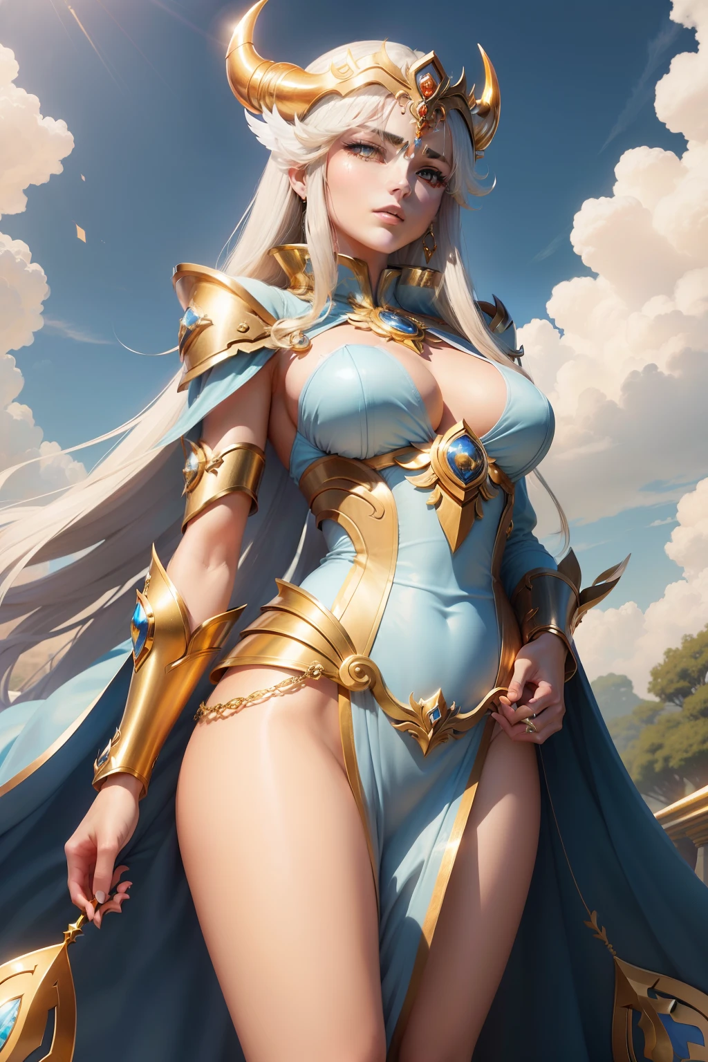 with blue sky and white clouds，Beautuful Women，Female Gold Saint Seiya，Taurus Holy Vestment，Dress coolly，The eyes are sharp，Body bareness，Saint Seiya Taurus Holy Vestment，Taurus Gold Robe