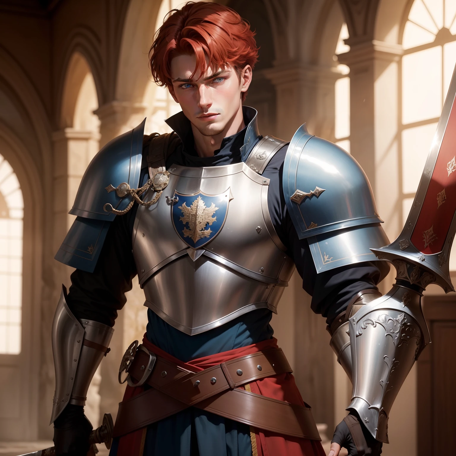 A very handsome young knight of about 25 years with short reddish hair that goes just beyond the ears and blue eyes and very tall, he wears shining armor with a crest on the right shoulder of the armor including a sword in the center, on the side right side of the knight's side is a longsword in its leather sheath