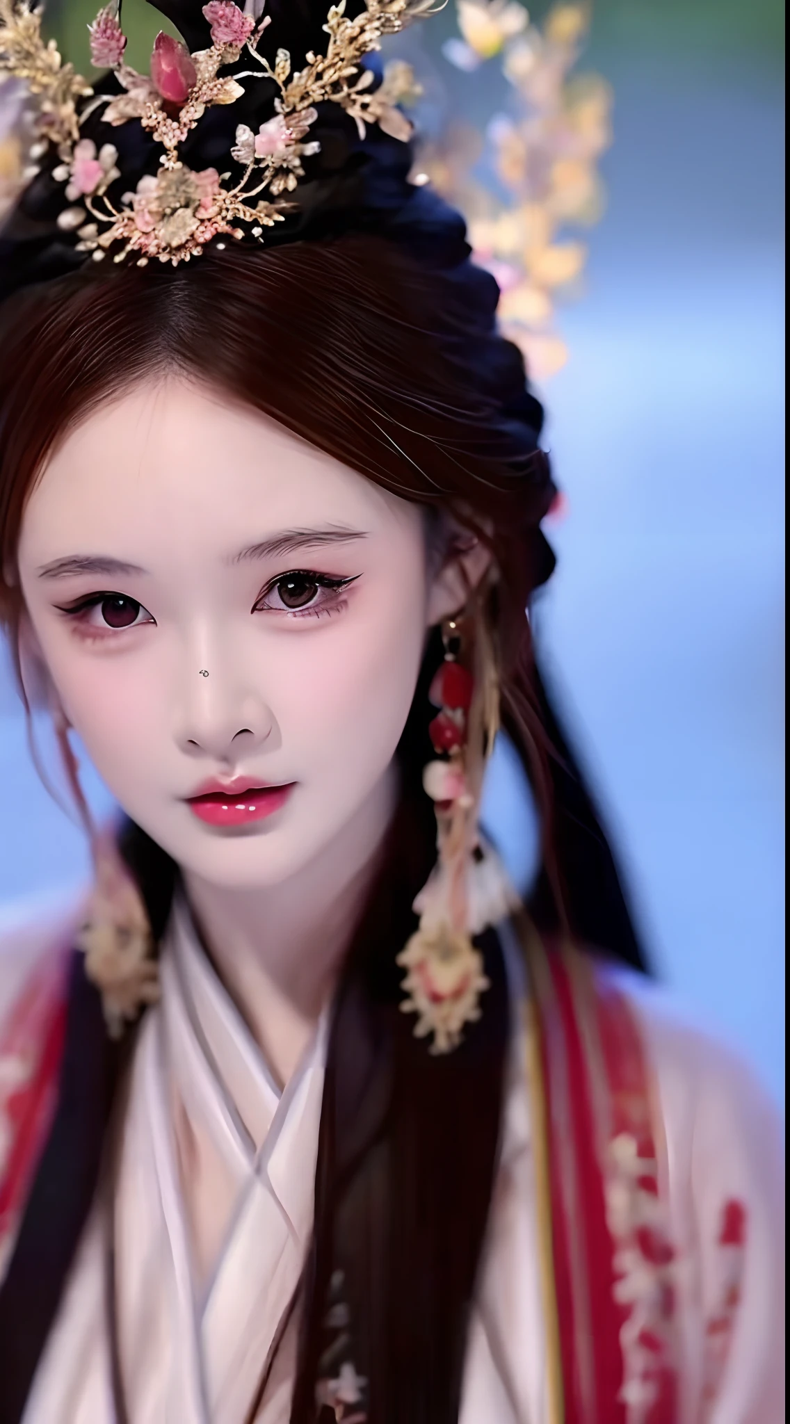 1 realistically beautiful girl, waist length hair, black eyes, ancient Ao Dai, style hanfu, wearing a thin silk shirt of ancient China, pink and smooth white skin, wearing a discreet ancient style ao dai, appears shoulders and head in the photo, plump red lips, pout, mouth shut, embarrassed, small face makeup detailed and very beautifull, breast augmentation, blum boobs, Cover the girl's chest with a camisole inside, blush, from front, wear earrings, necklaces, from above, looking at viewer, upturned eyes, full body, masterpiece, top quality, best quality, official art, unity 8k wallpaper, highres, ultra-high res, ultra-detailed, (photorealistic:1.2), alone, solo, Only 1 girl, style hanfu Dunhuang, 10x pixels, super realistic, ultra high quality, full body view of the girl, upper body, Portrait,