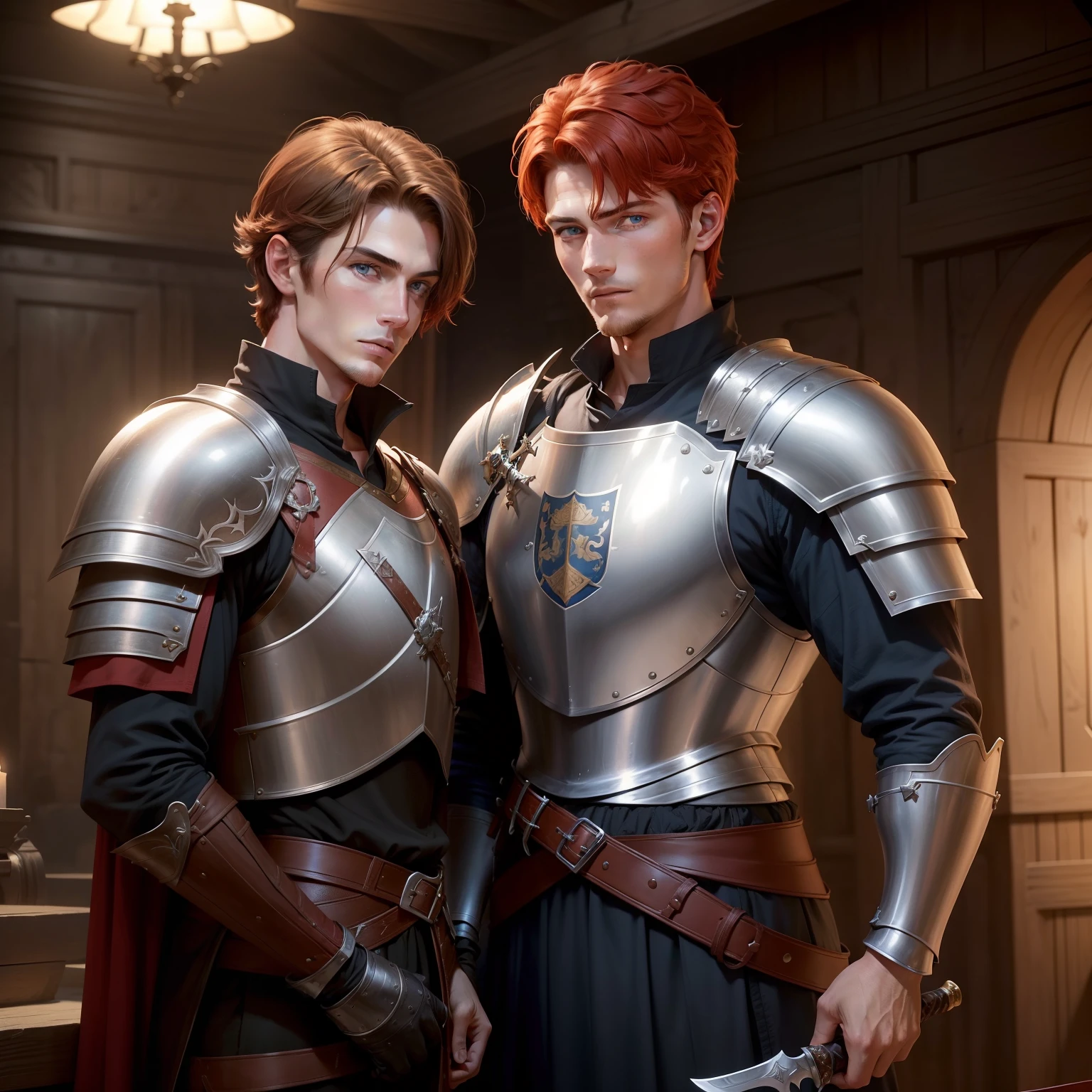 A very handsome young knight of about 25 years with short reddish hair that goes just beyond the ears and blue eyes and very tall, he wears shining armor with a crest on the right shoulder of the armor including a sword in the center, on the side right side of the knight's side is a longsword in its leather sheath