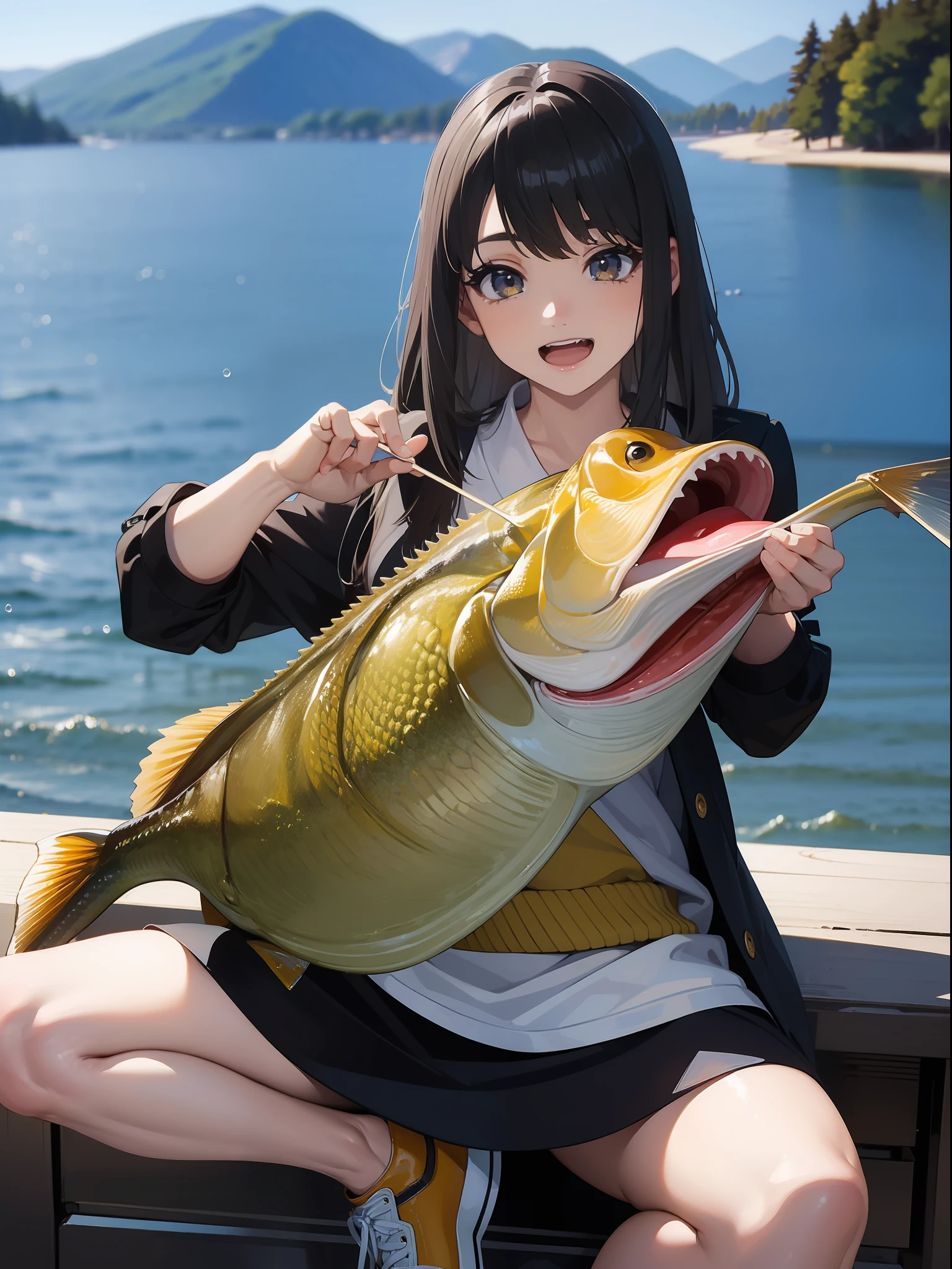 ((((Catching a large mouth bass by the lake)))),((Best quality, Masterpiece :1.3)),hight resolution,ultra-detailliert,Official art,Beauty and aesthetics,masterpiece,best qualtiy,ighly detailed,1 japanese girl,black hair, long eye-lashes, solid circle eyes, laughing out loud, drop shadow, atmospheric perspective,super detail, ccurate, best quality, small breasts,black jacket,