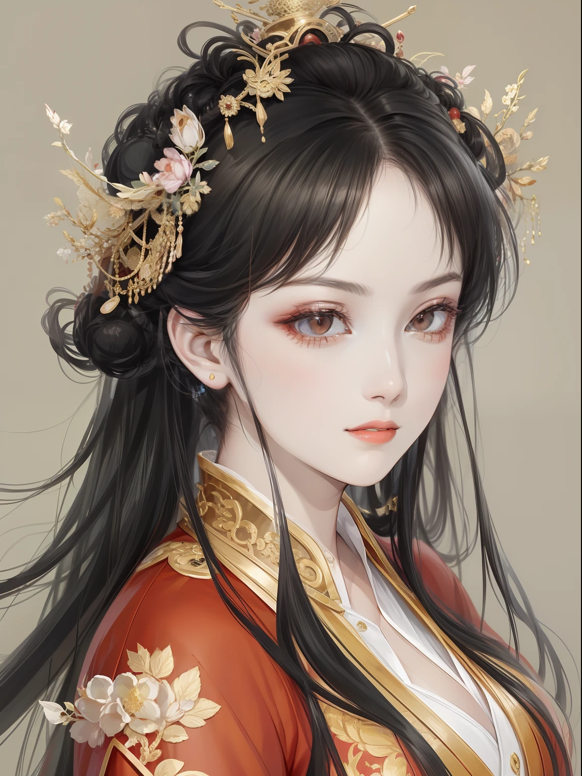 A beautiful girl in ancient China,The facial features are delicate and fair,Cool temperament,Red clothes,Black hair coiled into a bun,Wears a gold coat on his head,Chinese Song Dynasty clothing,Red gold maxi dress,Long black hair, rays of sunshine,Clear face,tmasterpiece,ultra - detailed,Epic composition,high qulity,HighestQuali,The main color is red,Background background simple element。a sense of atmosphere,ellegance,Invisible hands,No hands。