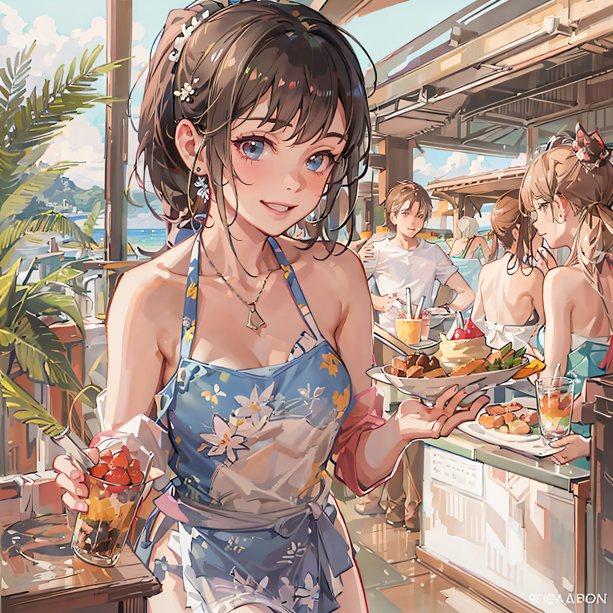 (Best quality), (masterpiece:1.3), (photorealistic:1.36), (realistic), ultra-detailed, 1mini girl, wearing bikini top in cure apron, swimsuit, Fun, smiling fresh sweat, downblouse, leaning forward, side view shot, Not looking at us, beach, beach house, serving food, Sunset, natural light,