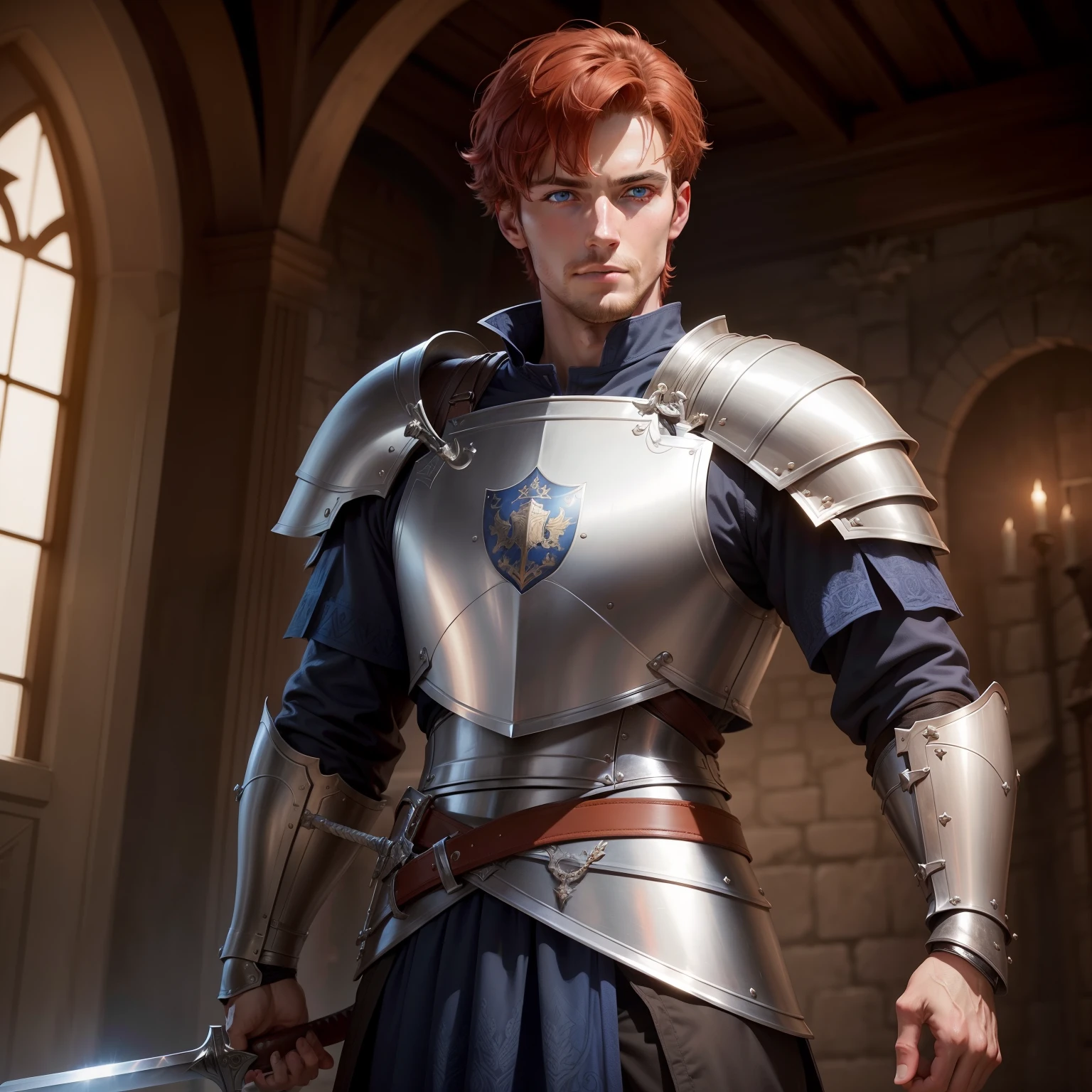 A very handsome young knight of about 25 years with short reddish hair that goes just beyond the ears and blue eyes and very tall, he wears shining armor with a crest on the right shoulder of the armor including a sword in the center, on the side right side of the knight's side is a longsword in its leather sheath