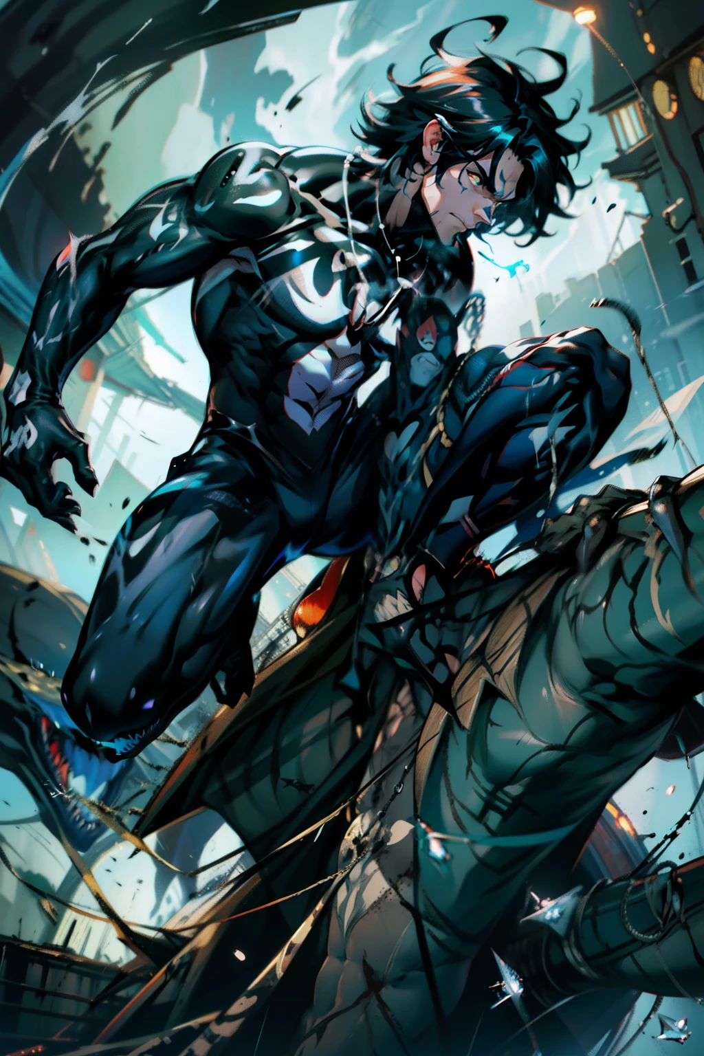 《the original god》Arataki Kazuto , male people， chest muscle， Sexy , Venom symbiote for your body, Black mucus of the body , into venom, venomize，Black bodysuit，（Cloak），Red cape，Abs，（Adult male）（（Venom possession，venom symbiote）），over-Tortoise Man，Battle damage，((Masterpiece)), ((Best quality)), Ultra detailed,((illustration)), Dynamic Angle, Detailed light, (Delicate eyes), Floating, 1boy, Male focus, Head, Clothing, Yellow eyes, necklace, tattoo, (Forehead:0.8), (ahoge:0.8), jewelry, brunette color hair,apathy，Ray， chest muscle， Sexy , Venom symbiote for your body, Black mucus of the body , （into venom）, Venom，frontage，Bust photo，White tight-fitting top，spiderman outfit，style of anime4 K， 4K anime wallpaper， Badass anime 8 K， 4 k comic wallpaper， young anime man， Anime boys， Anime wallpapers 4 k， Anime wallpaper 4K， High quality anime art style， Anime moe art style， Anime art wallpaper 8 K， Anime art wallpaper 4 K， RGB lighting，